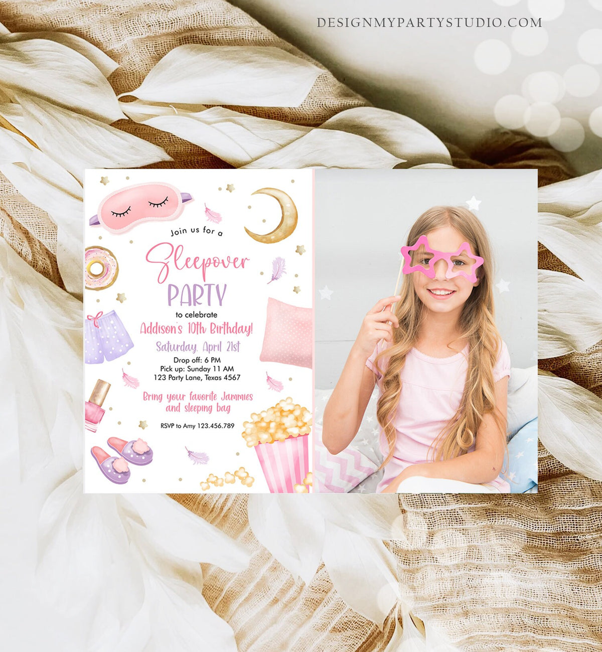 Editable Slumber Party Birthday Invitation Sleepover Birthday Invite Pink Girl Spa Tween Teen Digital Download Printable Template Corjl 0447