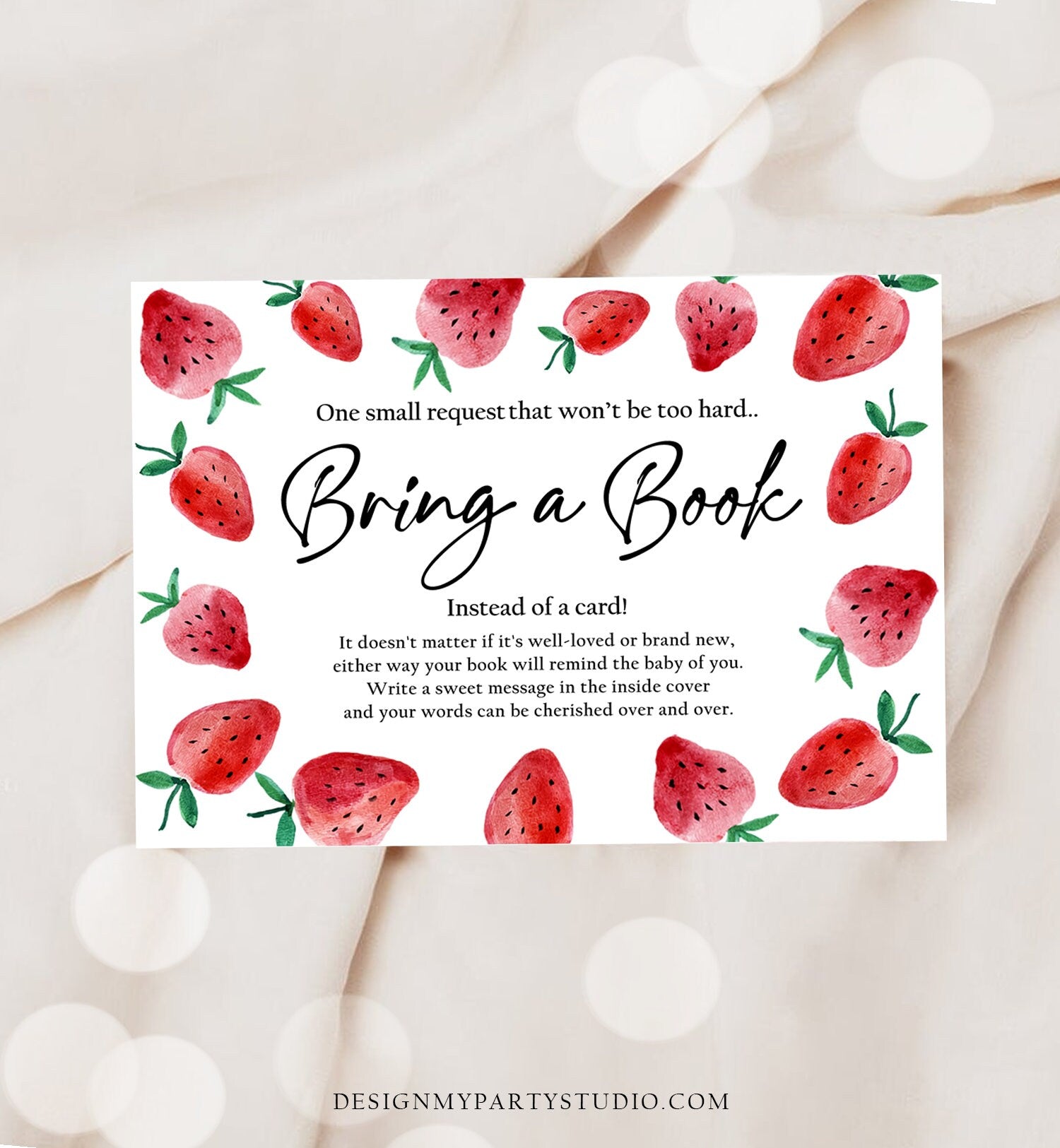 Editable Bring a Book Card Strawberry Berry Sweet Baby Shower Sprinkle Book Insert Books for Baby Book Request Corjl Template Printable 0399