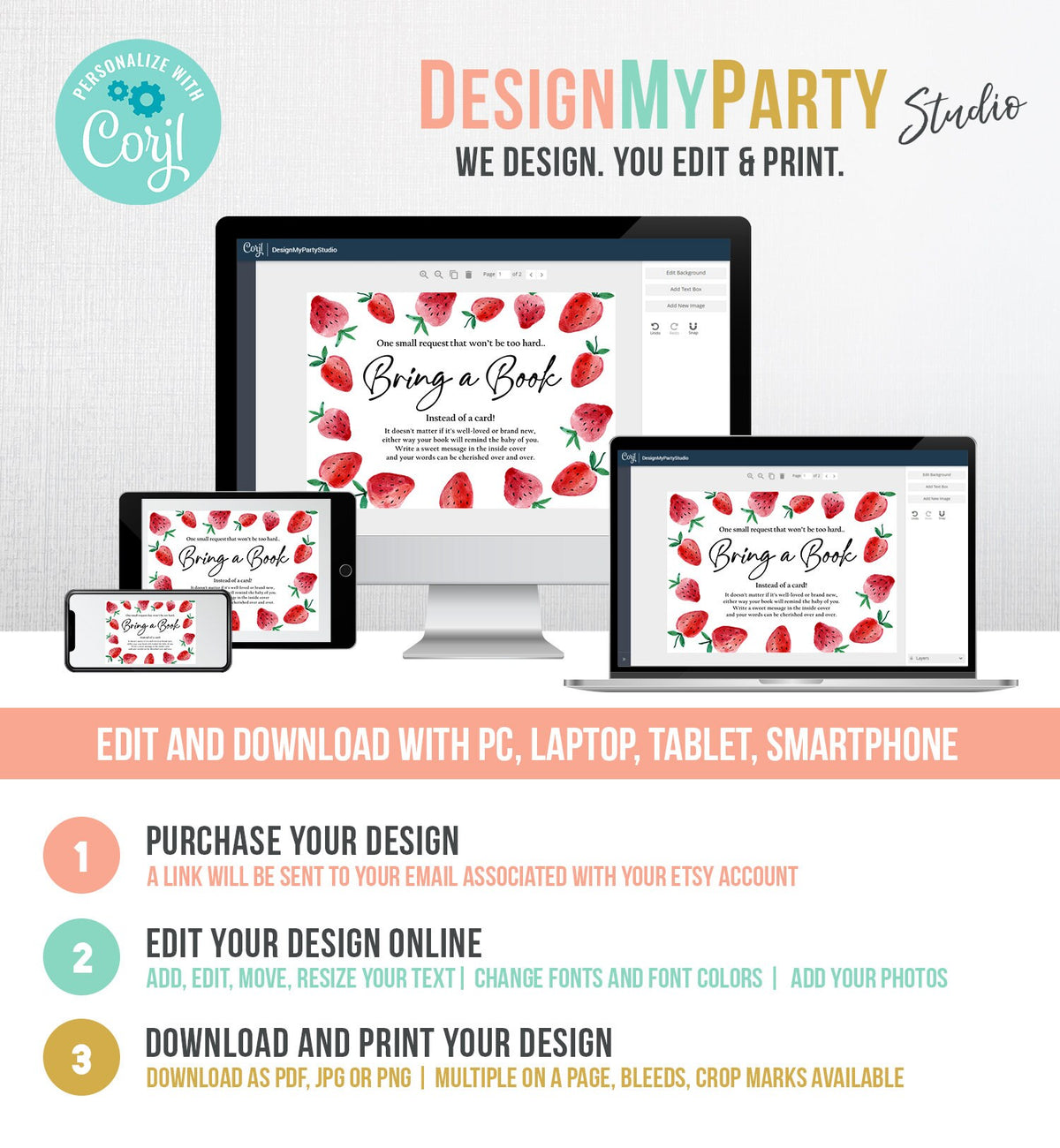 Editable Bring a Book Card Strawberry Berry Sweet Baby Shower Sprinkle Book Insert for Baby Book Request Digital Template Printable 0399