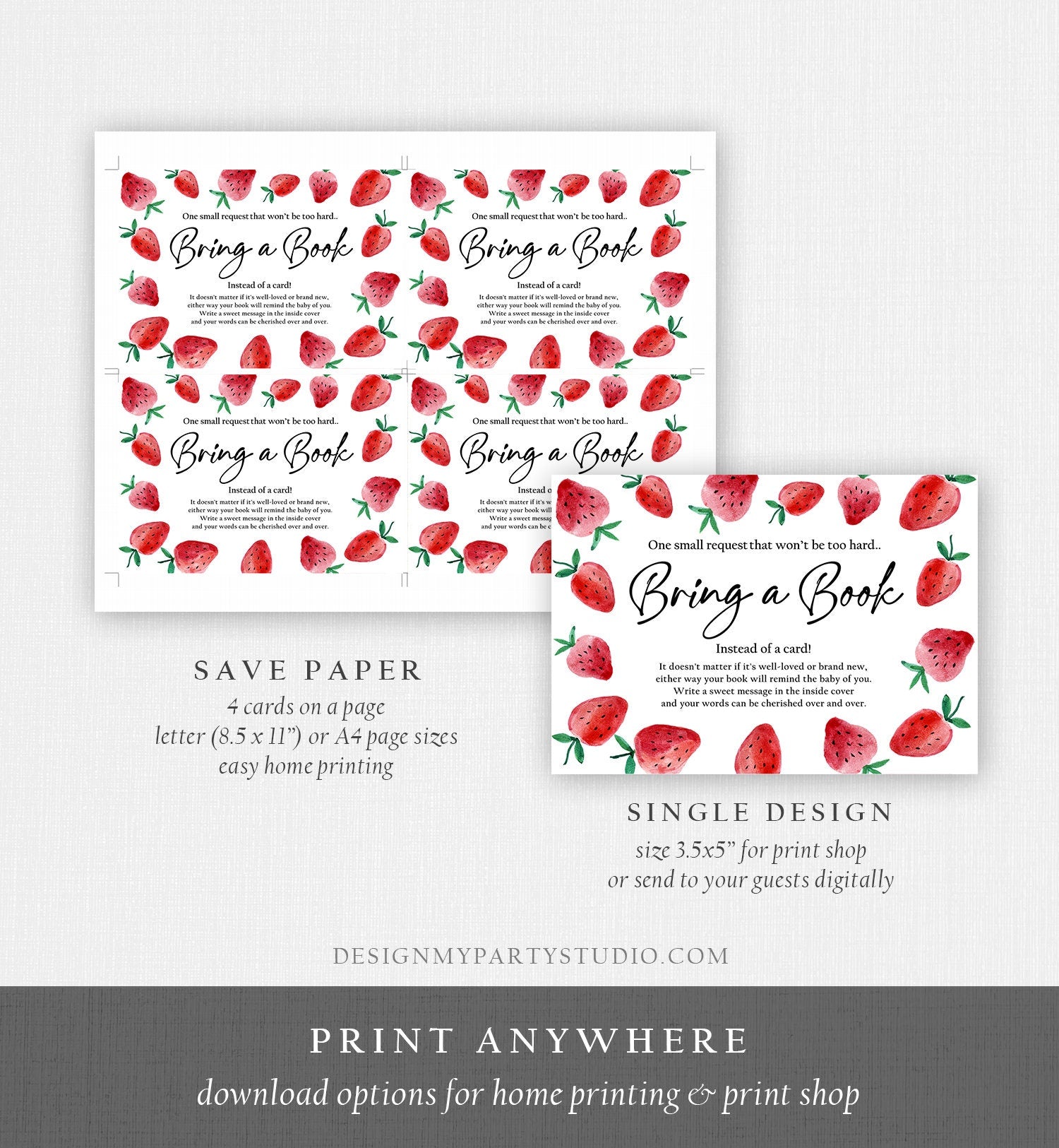 Editable Bring a Book Card Strawberry Berry Sweet Baby Shower Sprinkle Book Insert for Baby Book Request Digital Template Printable 0399