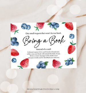 Editable Bring a Book Card Strawberry Berry Sweet Baby Shower Blueberry Book Insert Books for Baby Request Corjl Template Printable 0399