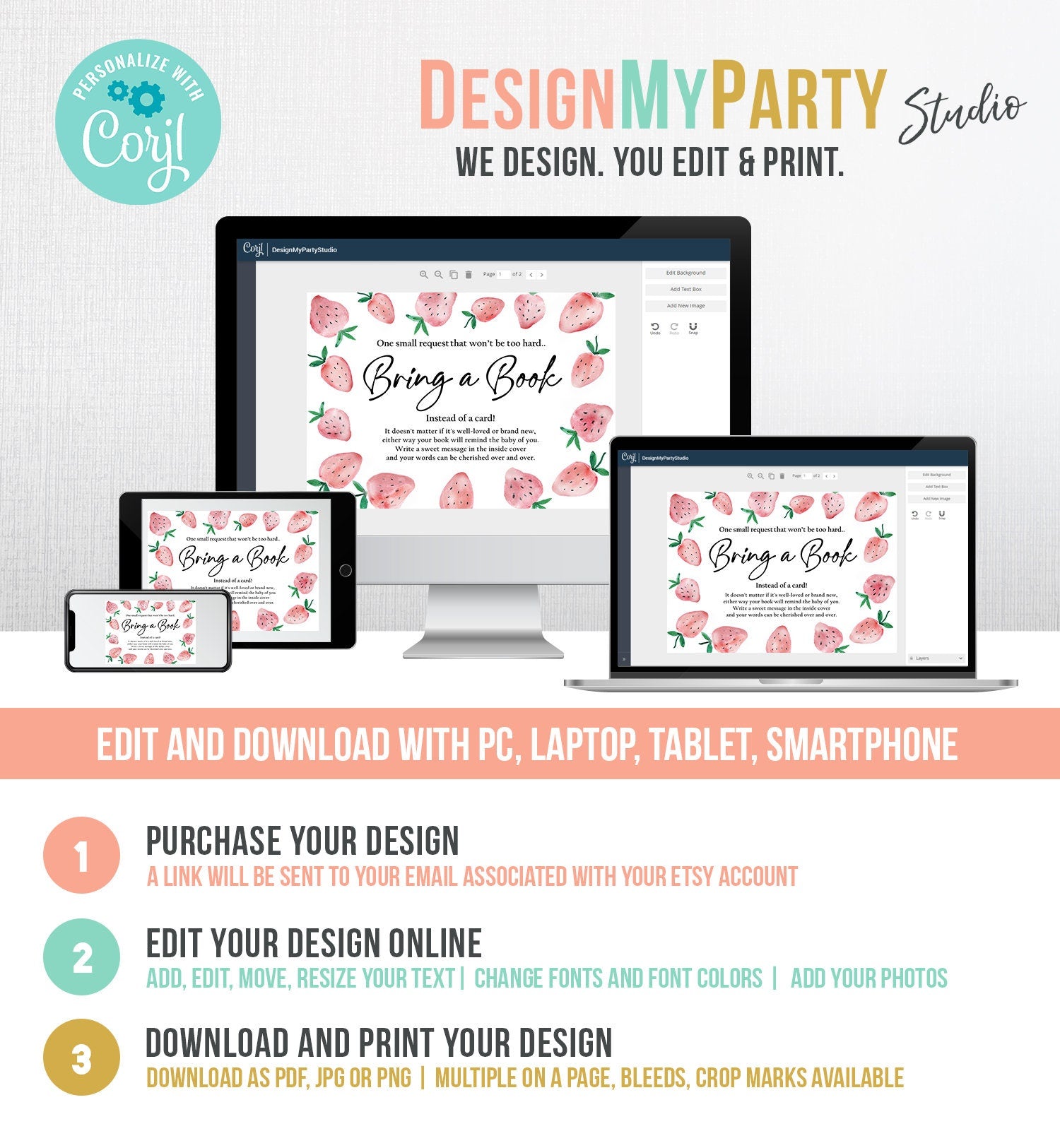 Editable Bring a Book Card Strawberry Berry Sweet Baby Shower Sprinkle Insert Books for Baby Book Request Digital Template Printable 0399