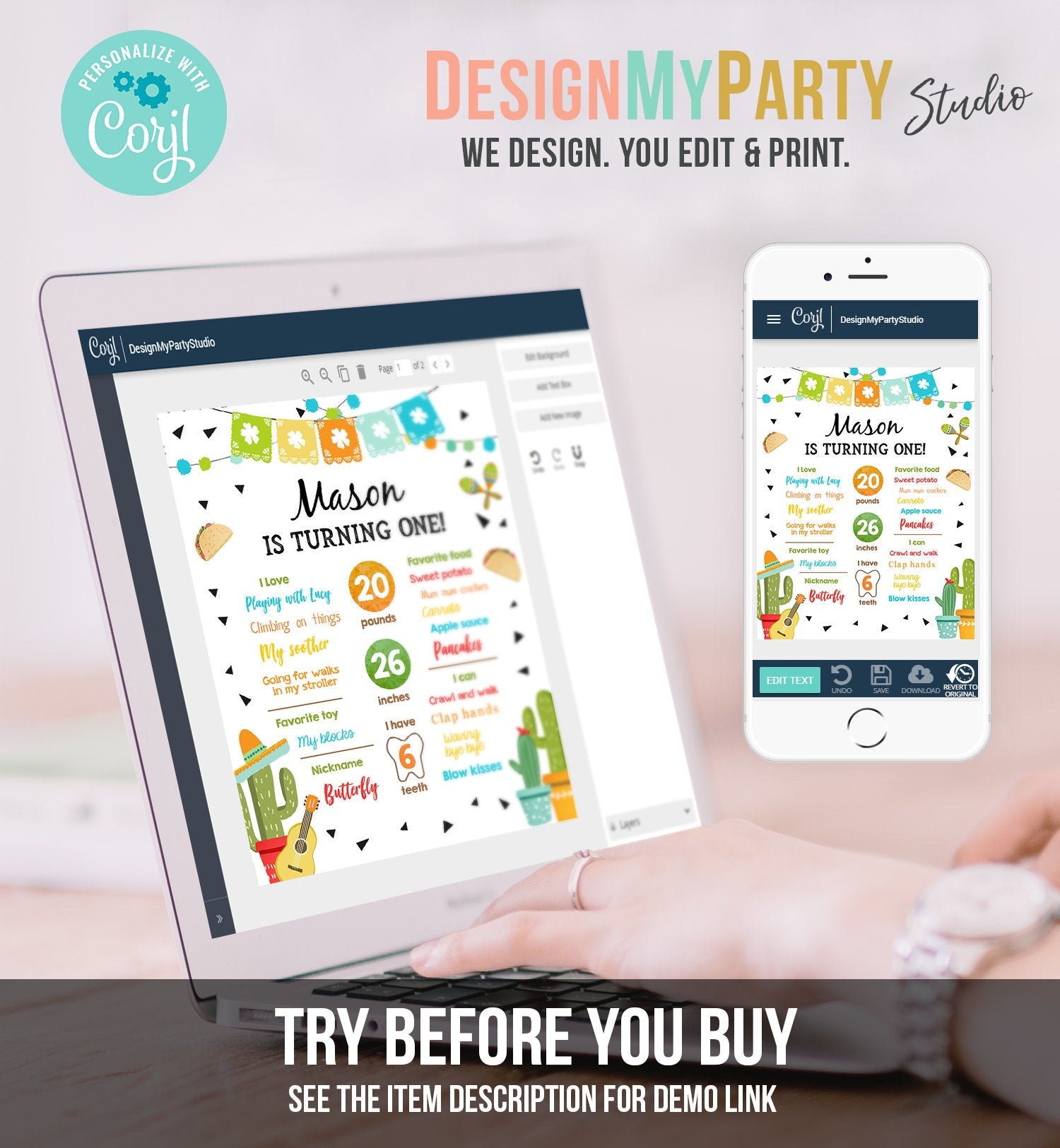 Editable First Fiesta Birthday Milestones Sign Poster 1st Birthday Mexican Cactus Samba Taco Bout Boy Corjl Template Printable 0161