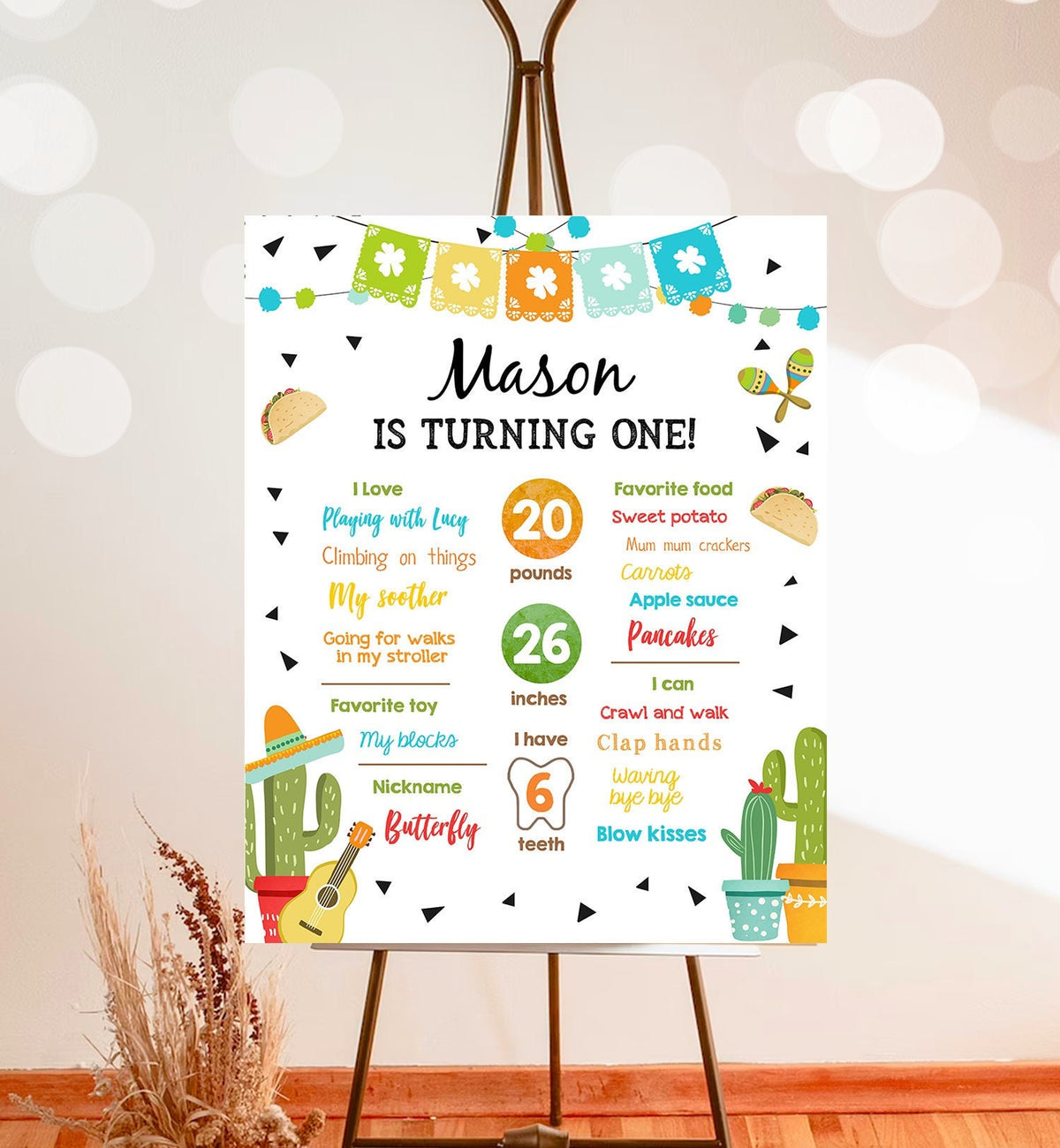 Editable First Fiesta Birthday Milestones Sign Poster 1st Birthday Mexican Cactus Samba Taco Bout Boy Corjl Template Printable 0161