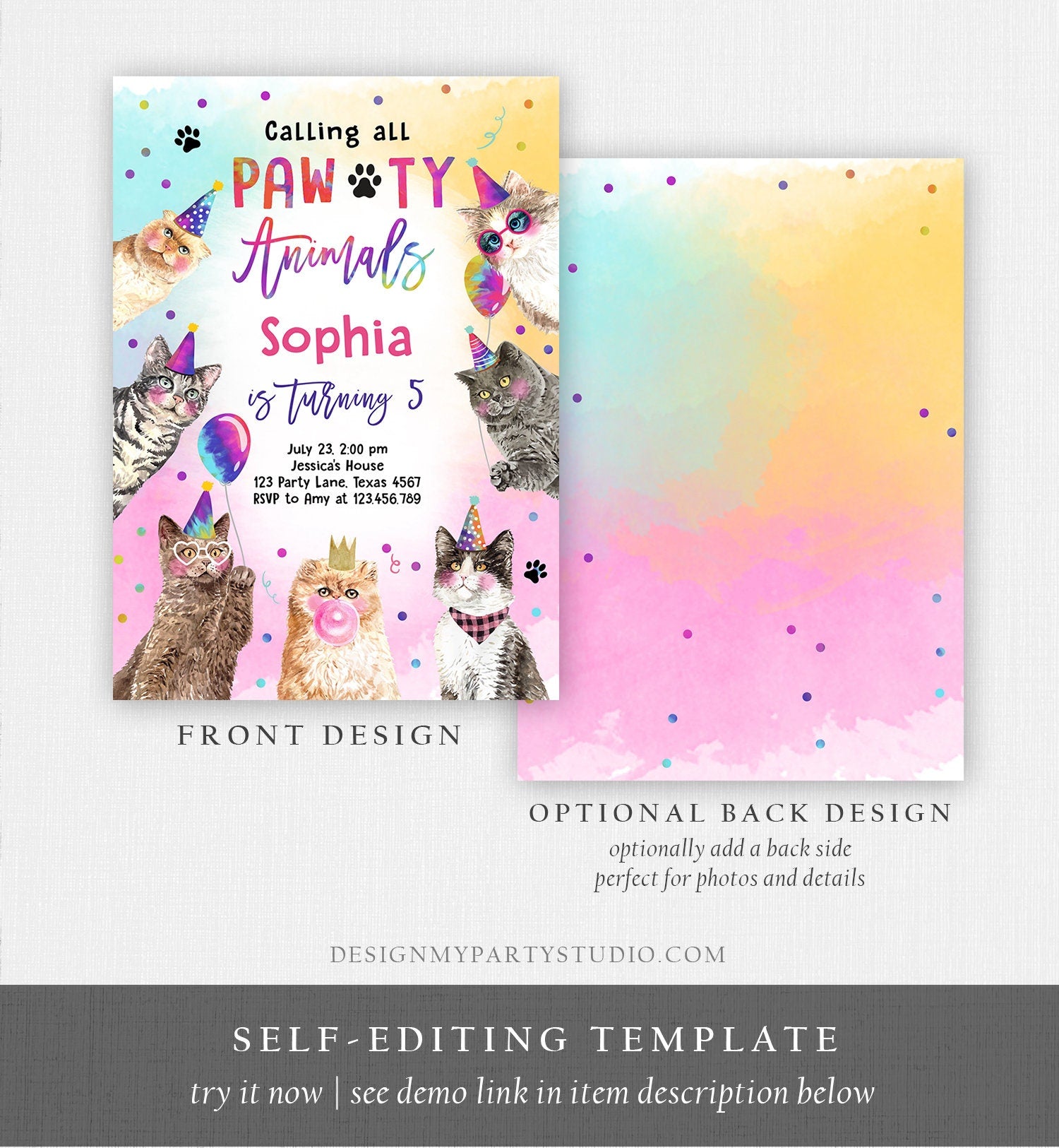 Editable Cat Birthday Party Invitation Kitten Birthday Invite Calling All Pawty Animals Party Animals Download Printable Template Corjl 0460
