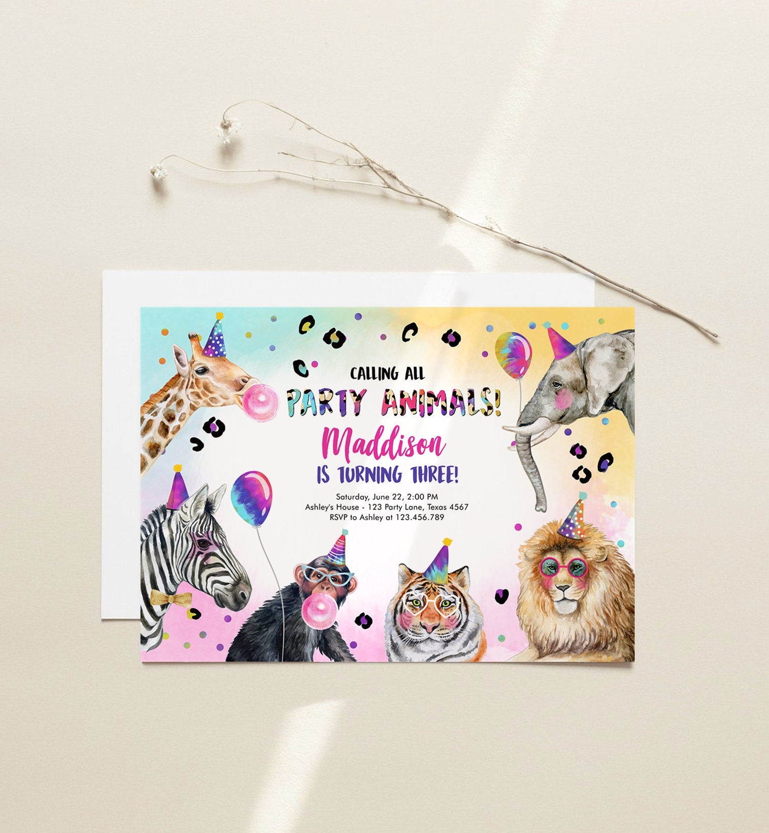 Editable Party Animals Birthday Invitation Rainbow Animals Invitation Zoo Safari Animals Girl Digital Download Evite Template Printable 0461