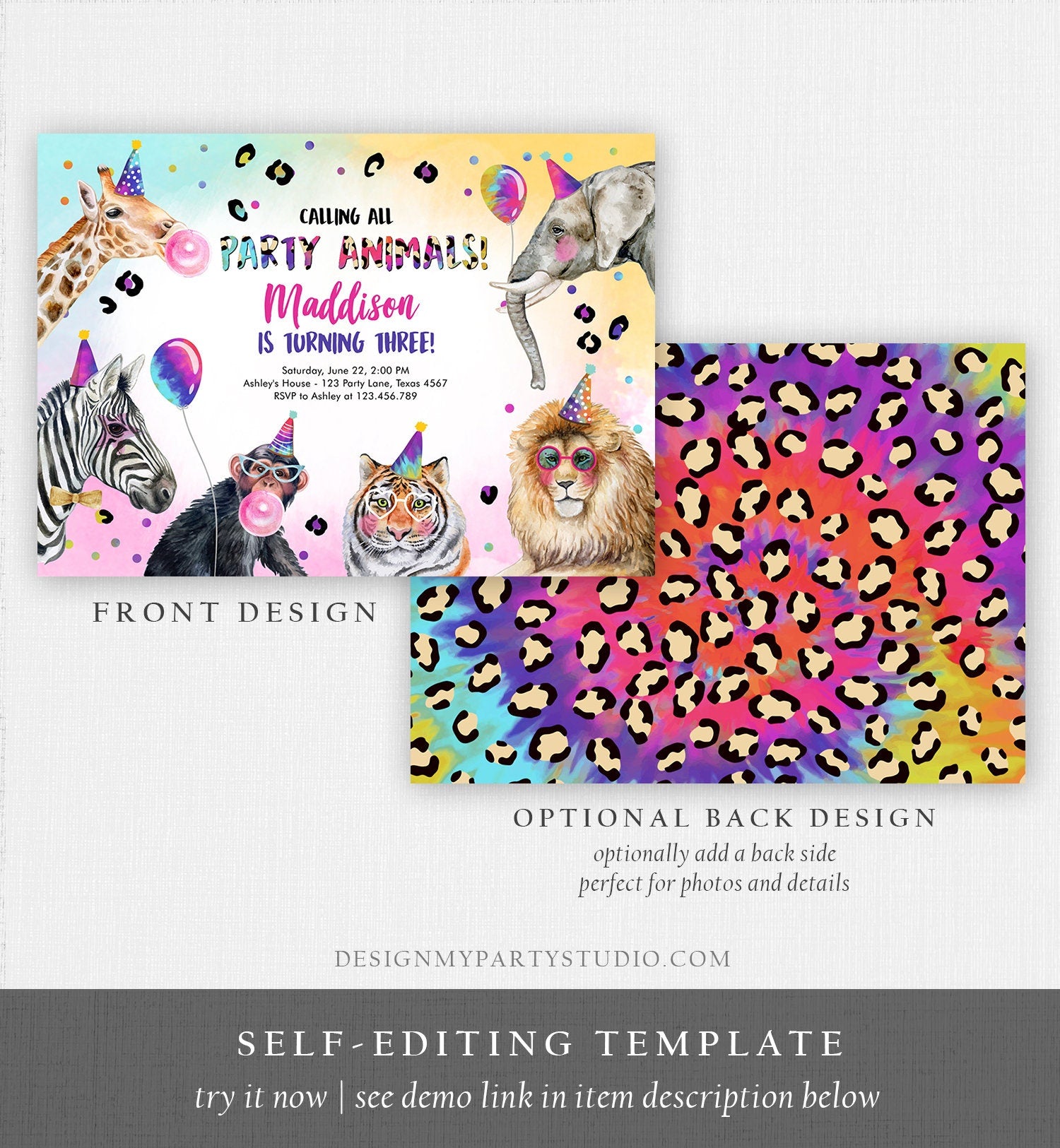 Editable Party Animals Birthday Invitation Rainbow Animals Invitation Zoo Safari Animals Girl Digital Download Evite Template Printable 0461