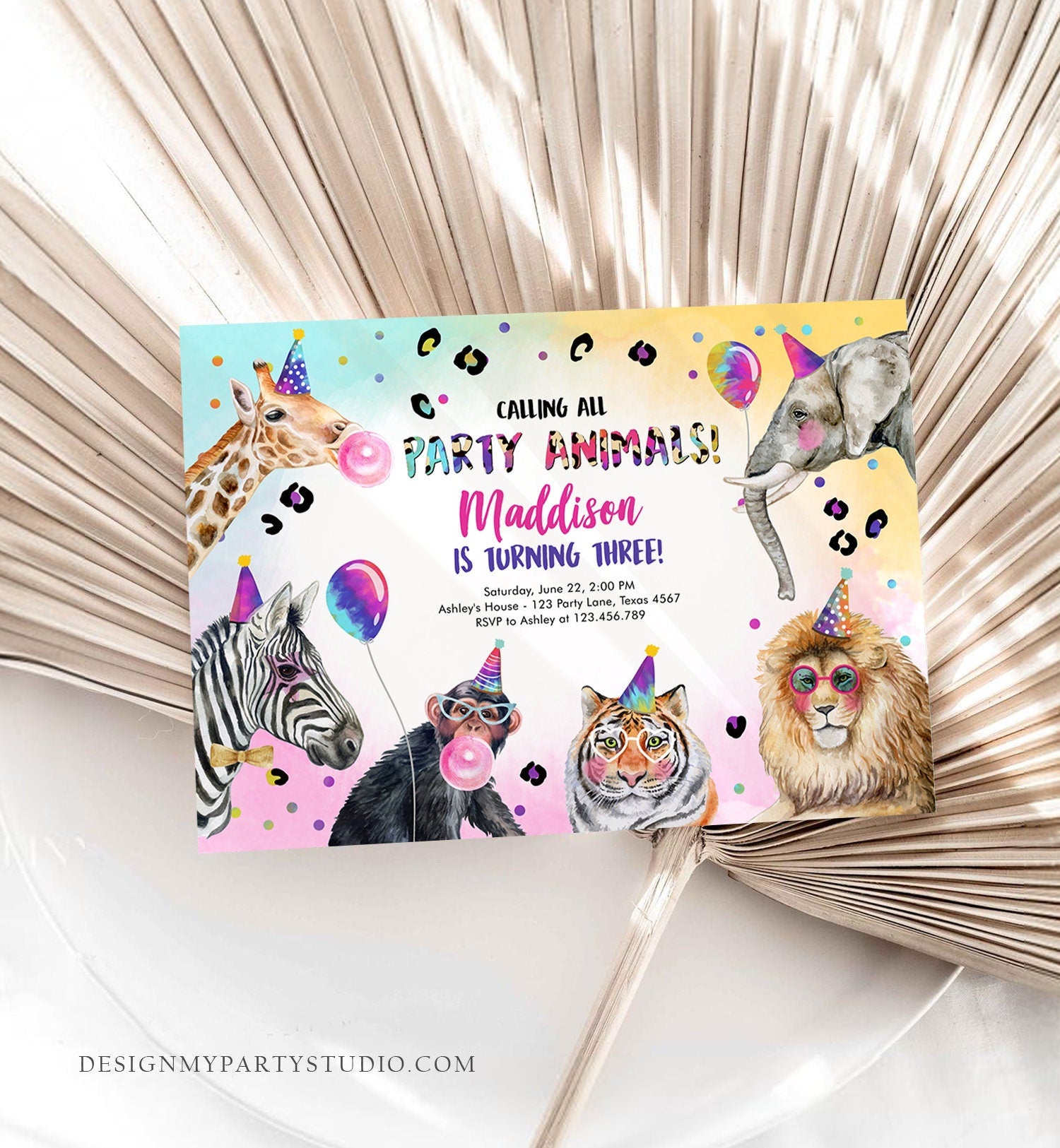Editable Party Animals Birthday Invitation Rainbow Animals Invitation Zoo Safari Animals Girl Digital Download Evite Template Printable 0461