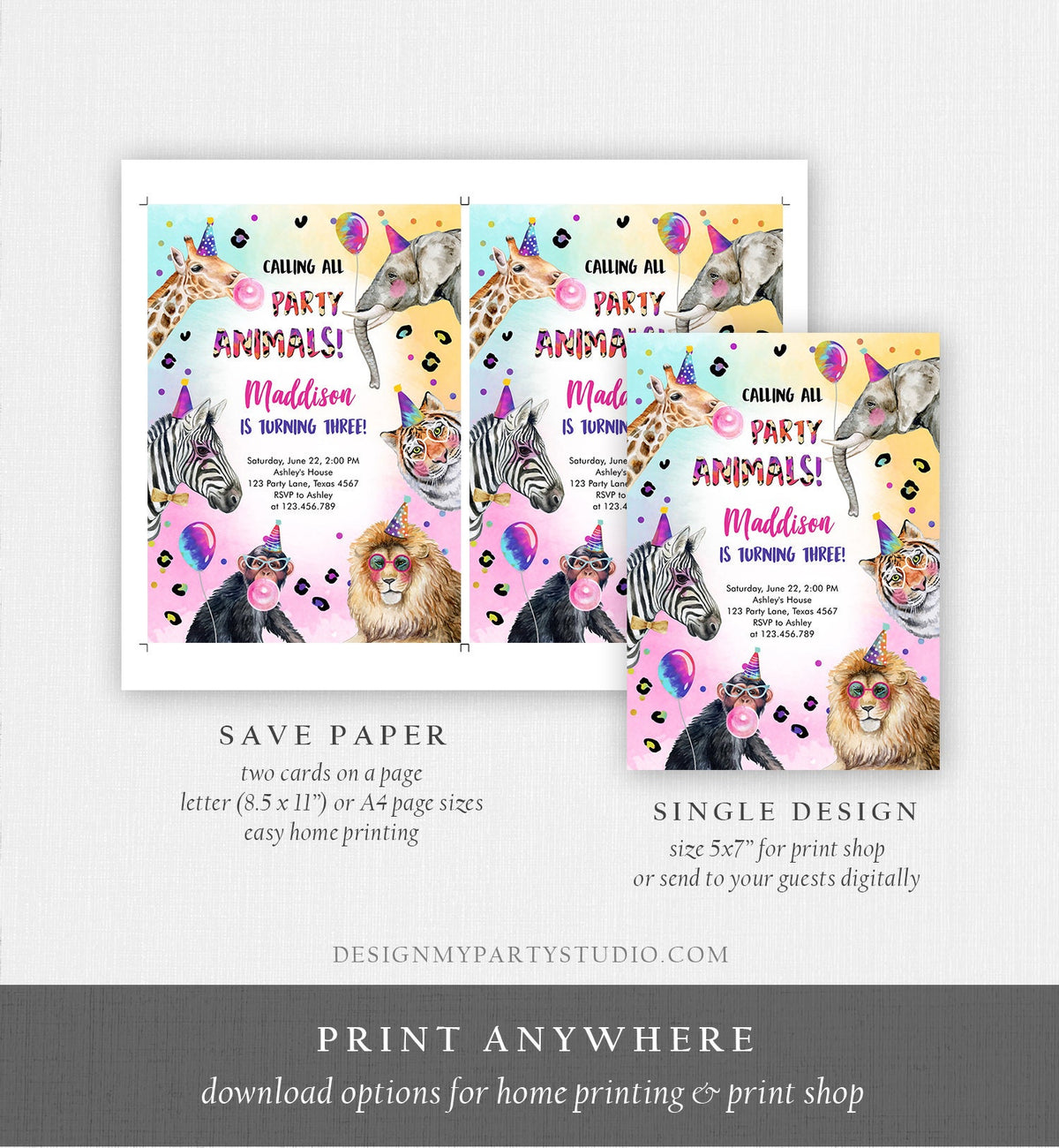 Editable Party Animals Birthday Invitation Rainbow Cheetah Animals Zoo Safari Animals Girl Download Printable Invite Template Corjl 0461