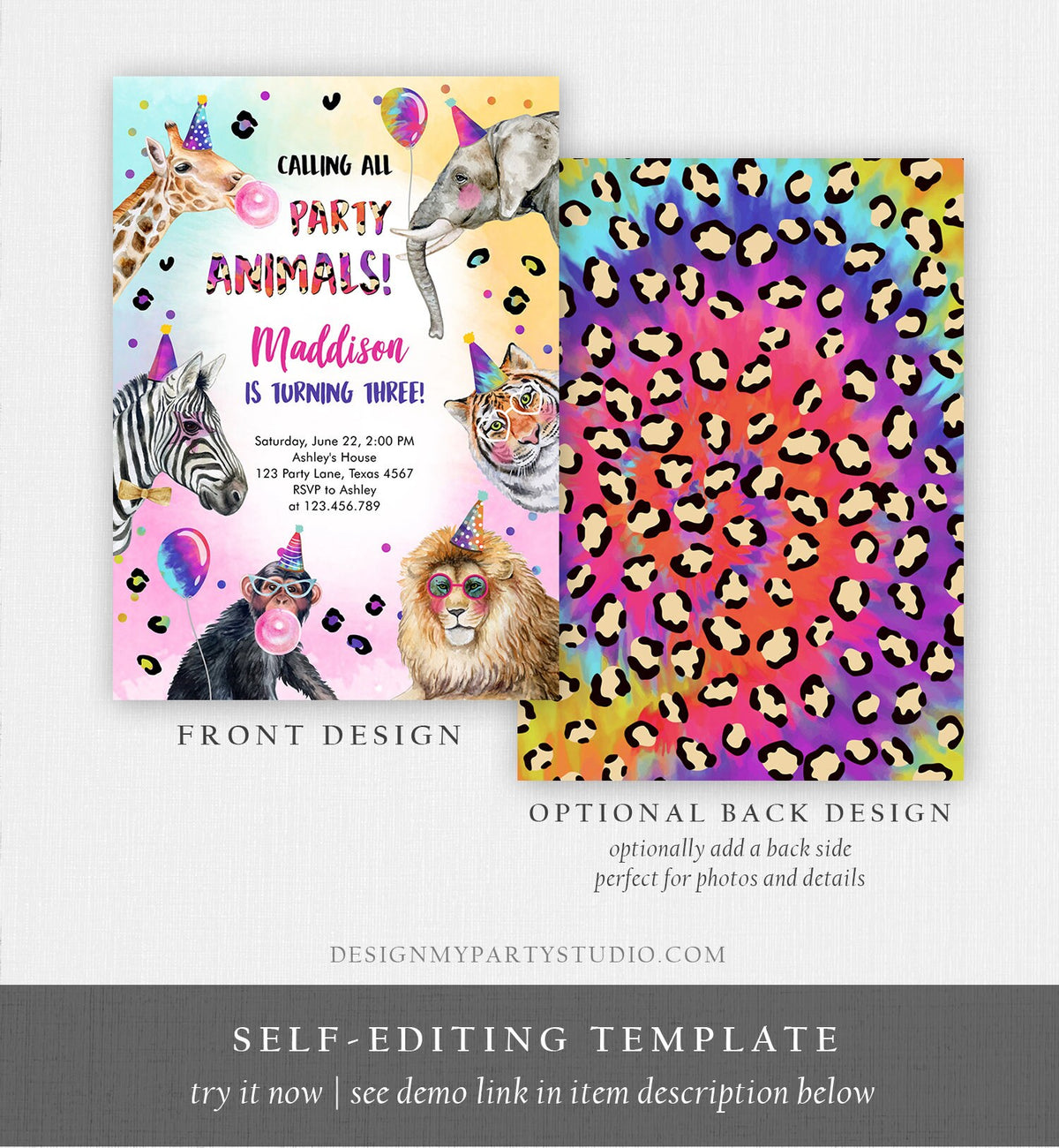 Editable Party Animals Birthday Invitation Rainbow Cheetah Animals Zoo Safari Animals Girl Download Printable Invite Template Corjl 0461