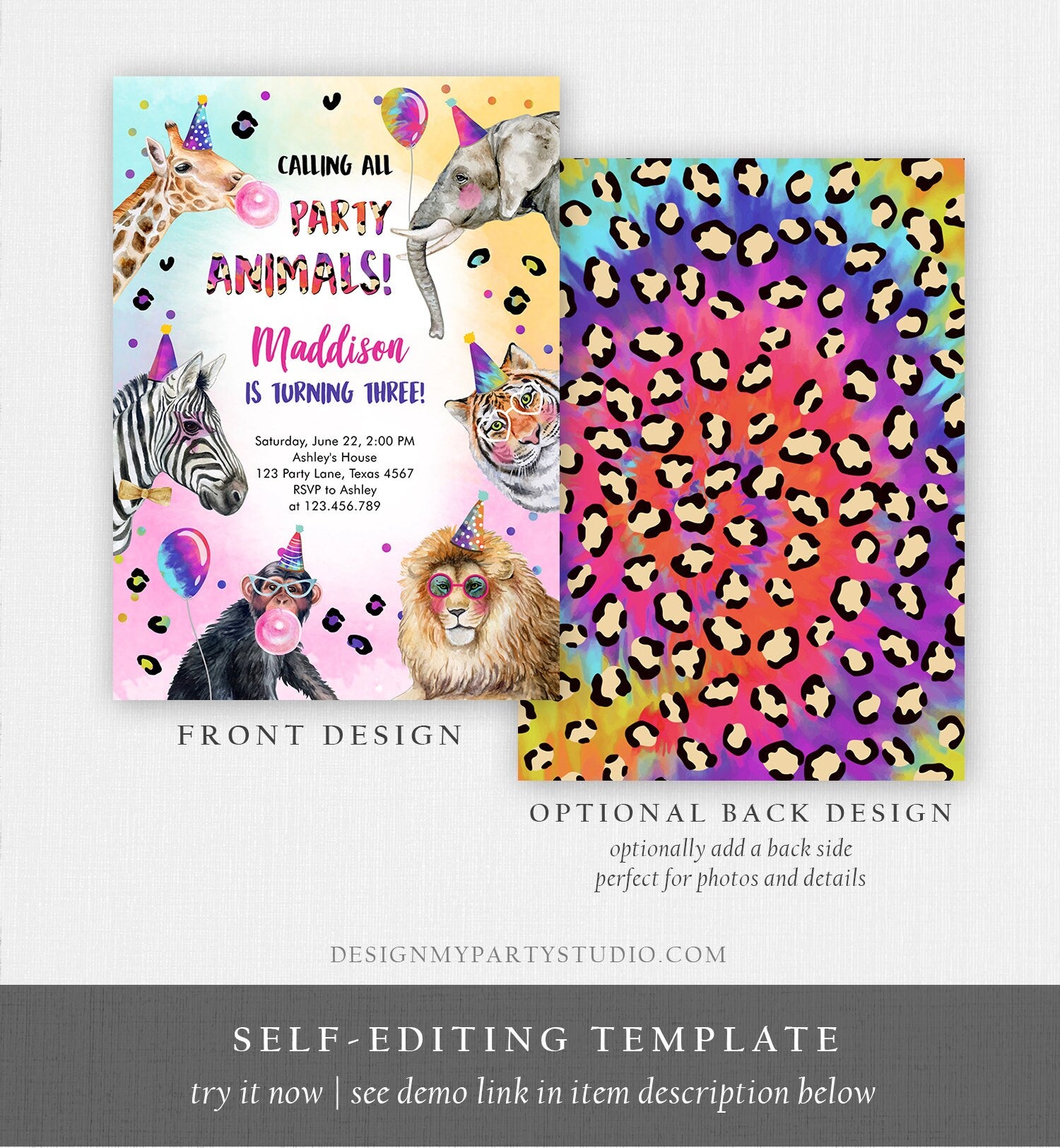 Editable Party Animals Birthday Invitation Rainbow Cheetah Animals Zoo Safari Animals Girl Download Printable Invite Template Corjl 0461
