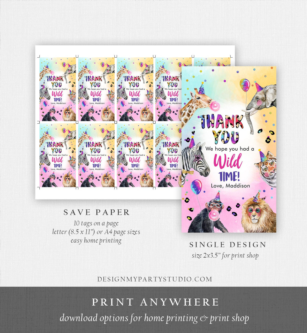 Editable Party Animals Favor Tags Wild One Animals Thank You Tags Safari Zoo Girl Birthday Wild Time Gift Digital Template Printable 0461
