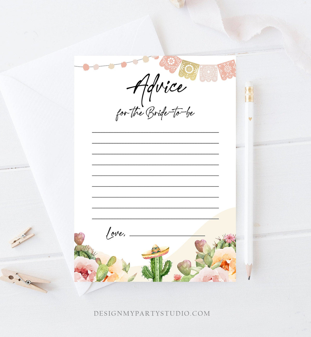 Editable Advice for the Bride-to-be Card Words of Wisdom Cactus Succulent Fiesta Bridal Shower Game Mexican Corjl Template Printable 0419