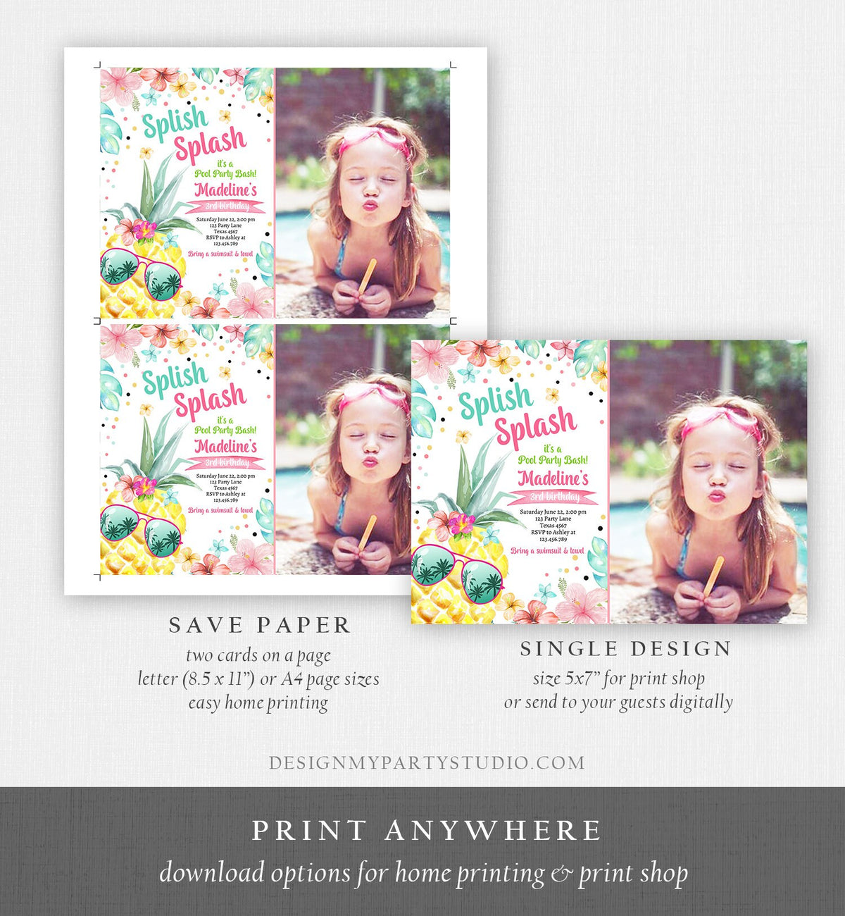 Editable Splish Splash Birthday Party Invitation Pineapple Birthday Pool Party Pineapple Pink Girl Download Corjl Template Printable 0391