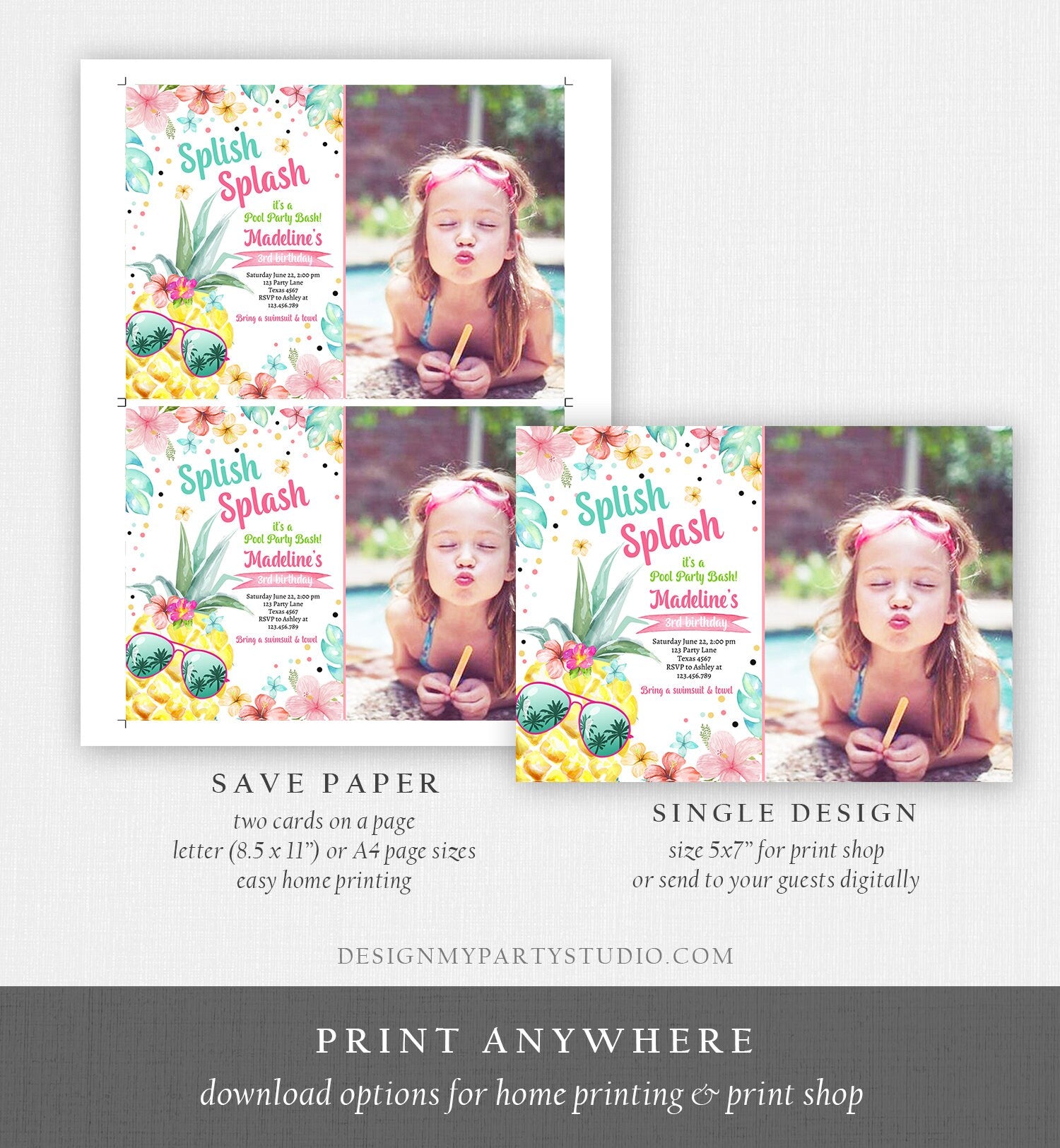Editable Splish Splash Birthday Party Invitation Pineapple Birthday Pool Party Pineapple Pink Girl Download Corjl Template Printable 0391