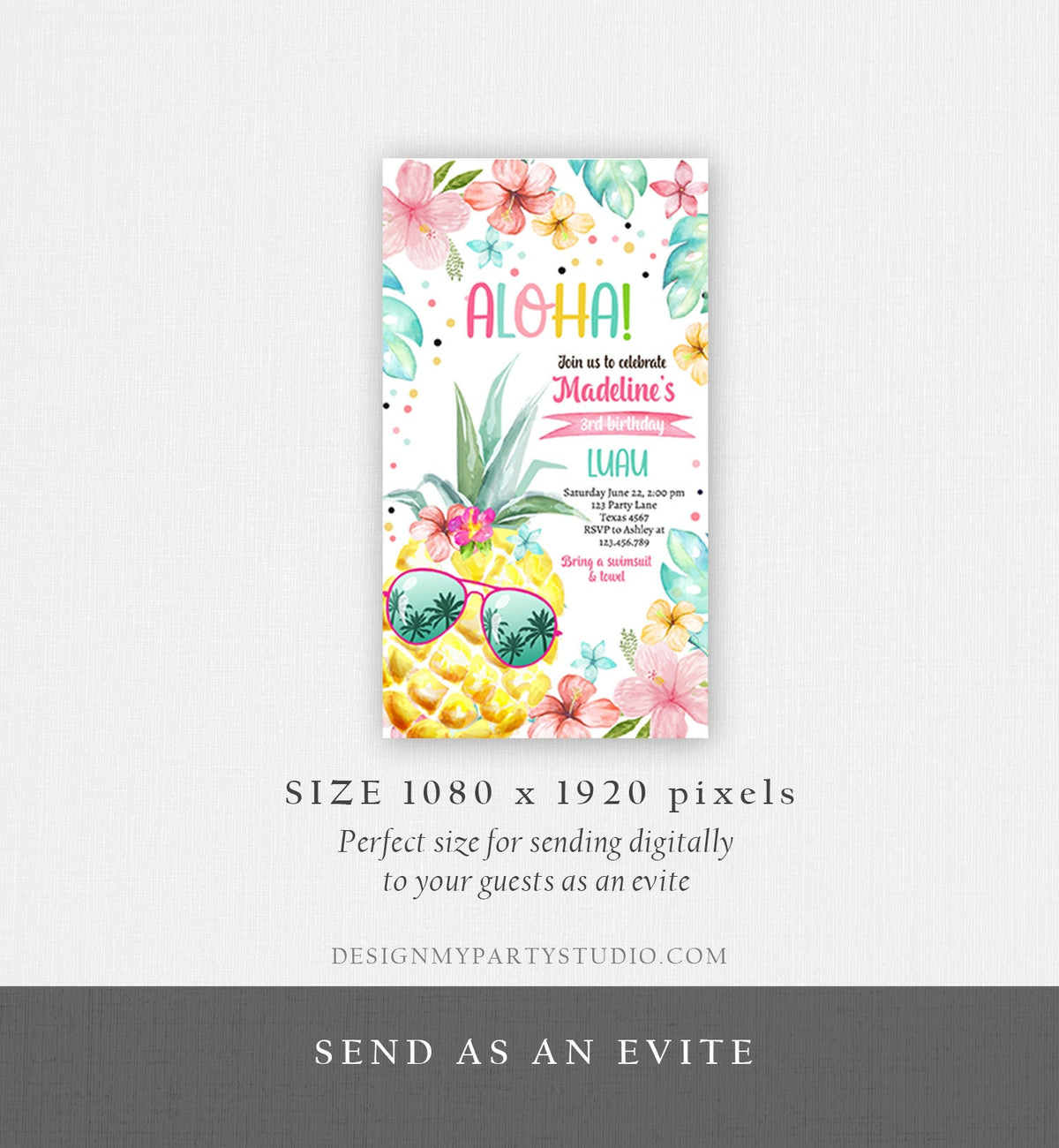 Editable Hawaiian Luau Birthday Evite Pineapple Birthday Party Pool Party Pink Girl Invitation Phone Download Corjl Template Printable 0391