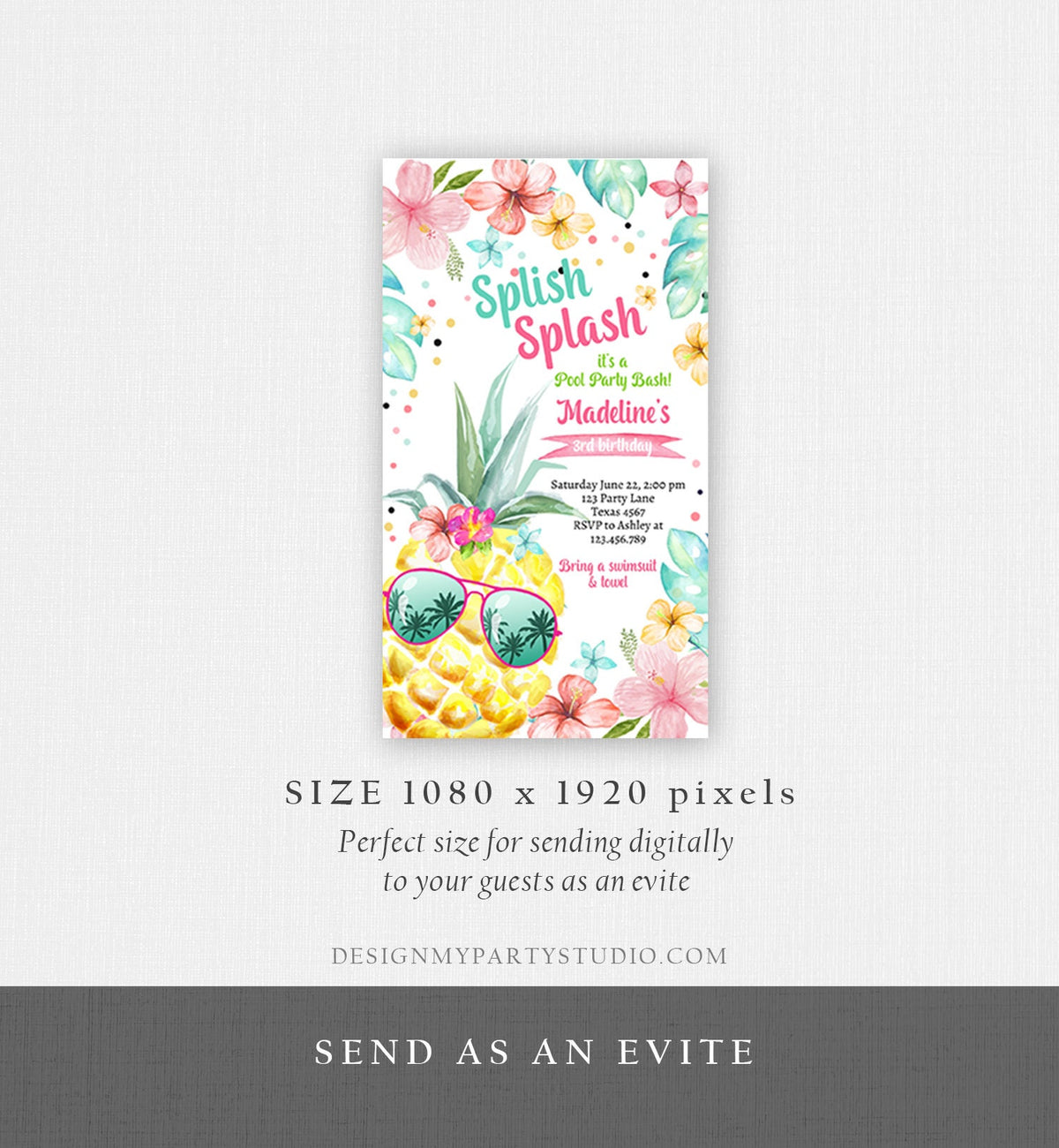 Editable Hawaiian Luau Birthday Evite Pineapple Birthday Party Pool Party Pink Girl Electronic Phone Download Corjl Template Printable 0391