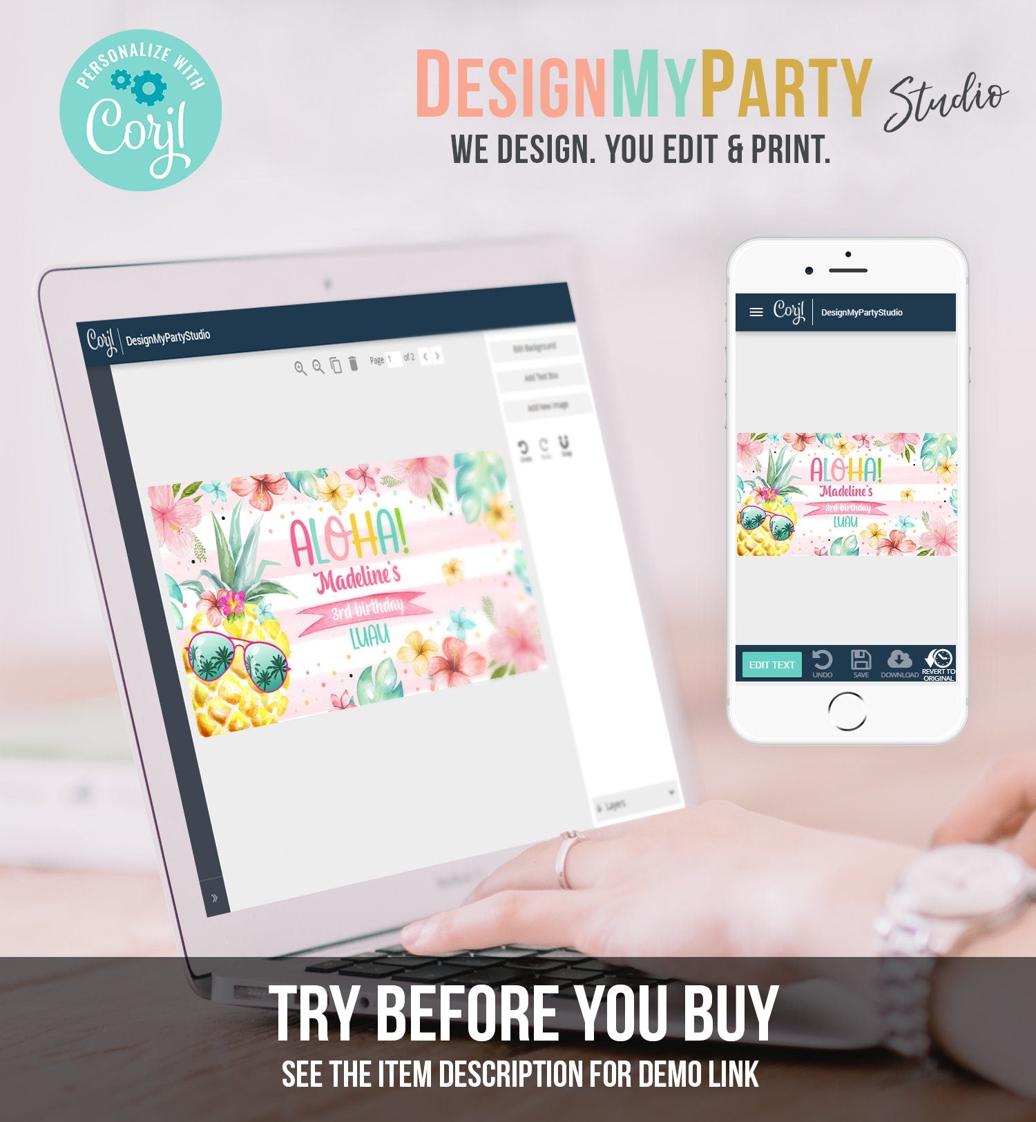 Editable Pineapple Gable Gift Box Label Hawaiian Luau Birthday Girl Treat Box Tropical Summer Pool Party Digital Template Printable 0391