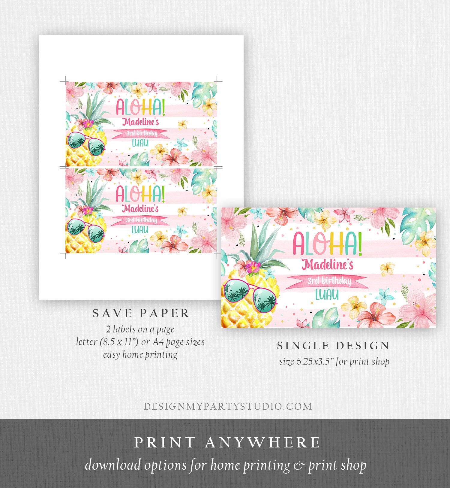 Editable Pineapple Gable Gift Box Label Hawaiian Luau Birthday Girl Treat Box Tropical Summer Pool Party Digital Template Printable 0391