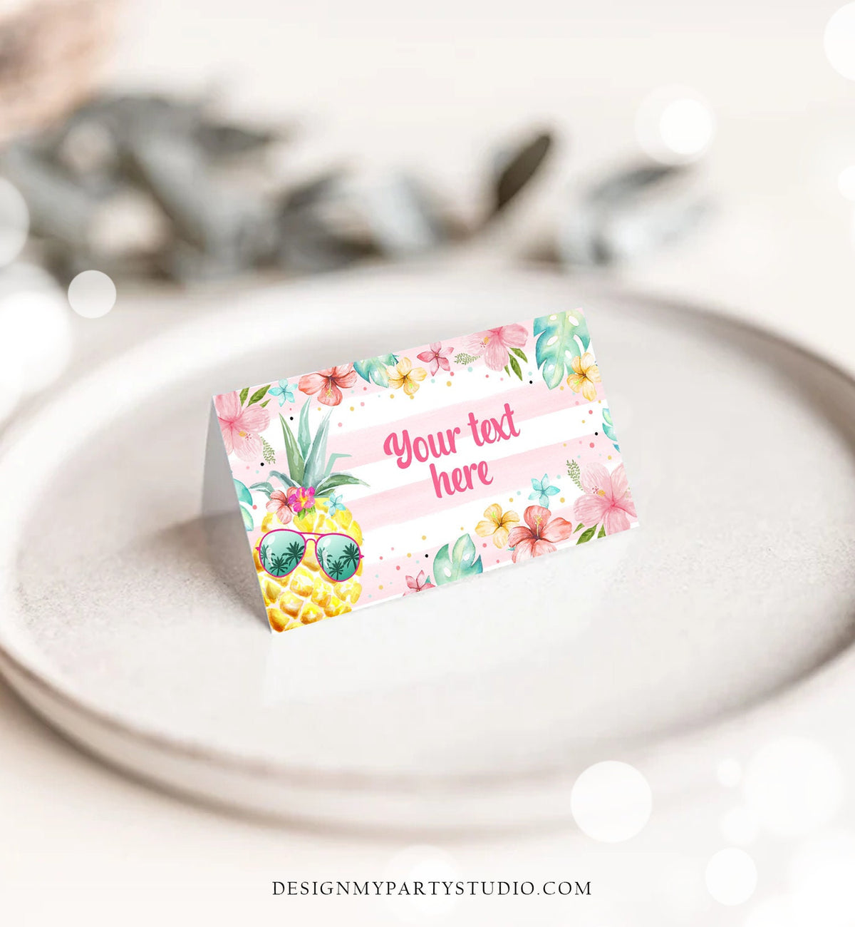 Editable Pineapple Food Labels Luau Birthday Party Food Cards Tent Card Girl Pink Tropical Name Pool Party Hawaiian Template Printable 0391
