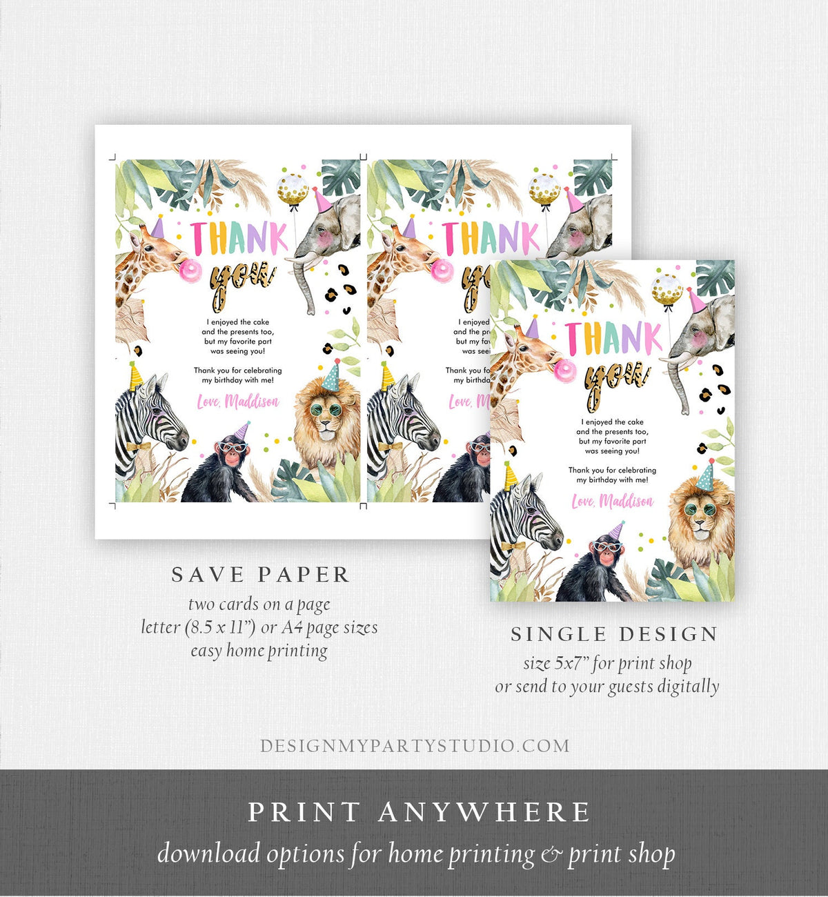 Editable Thank You Card Safari Animals Wild One Two Wild Thank You Note Girl Pink Gold Zoo Party Animals Digital Template Digital 0417