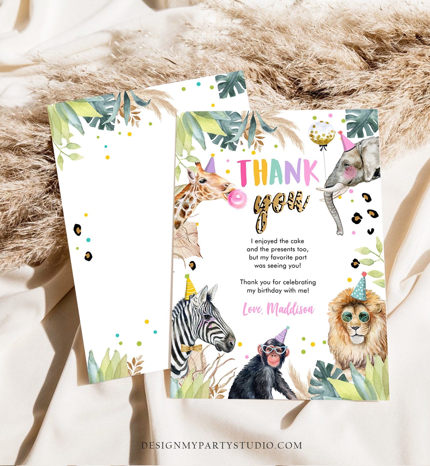 Editable Thank You Card Safari Animals Wild One Two Wild Thank You Note Girl Pink Gold Zoo Party Animals Digital Template Digital 0417