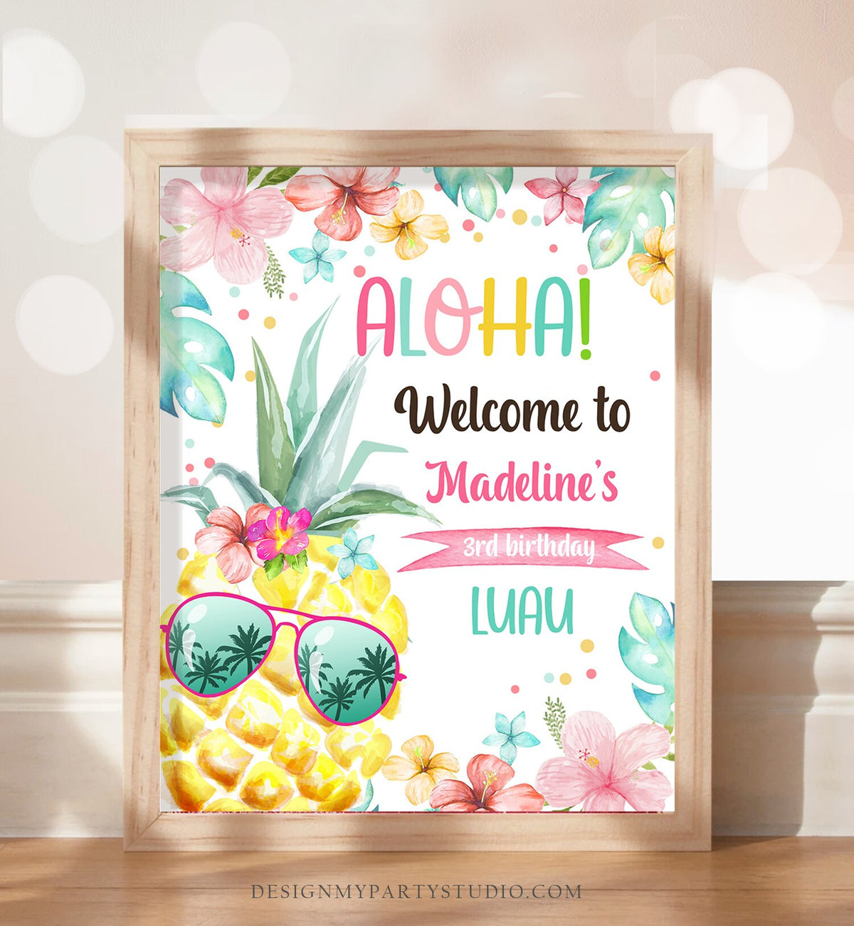 Editable Pineapple Welcome Sign Tropical Hawaiian Luau Birthday Sign Girl Pink Aloha Party Poster Digital Download Template Printable 0391