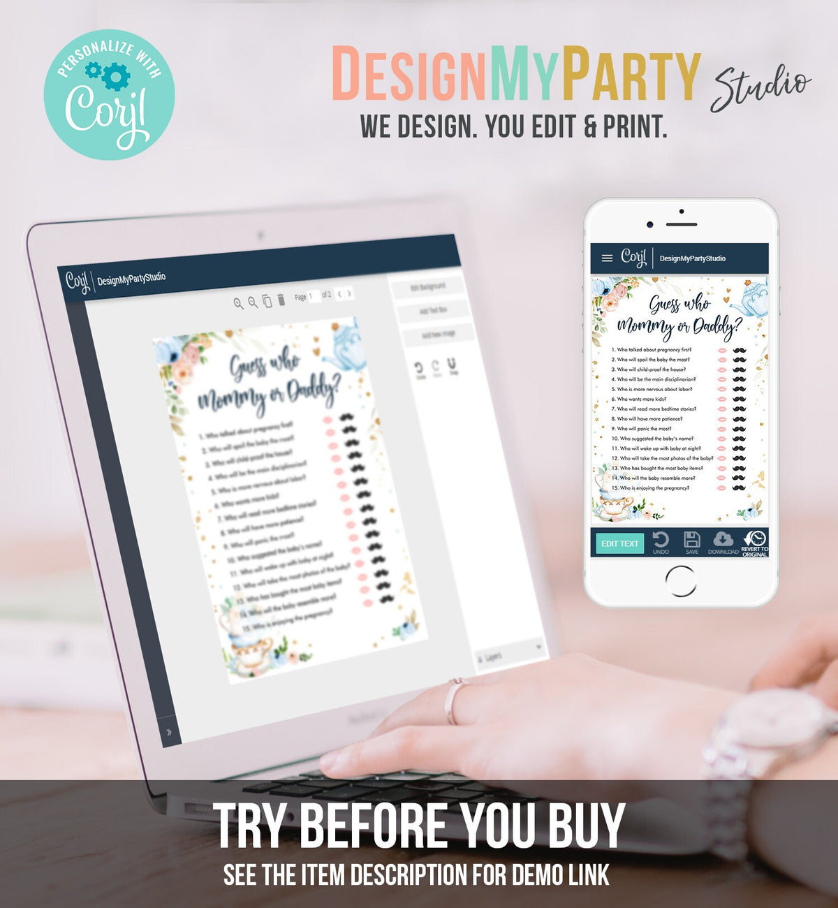 Editable Mommy or Daddy Baby Shower Game Guess Who Mom Dad Tea Party Baby is Brewing Game Shower Activity Digital Template Printable 0349