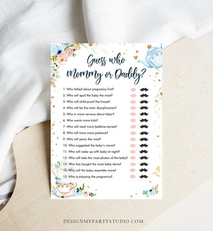 Editable Mommy or Daddy Baby Shower Game Guess Who Mom Dad Tea Party Baby is Brewing Game Shower Blue Activity Corjl Template Printable 0349