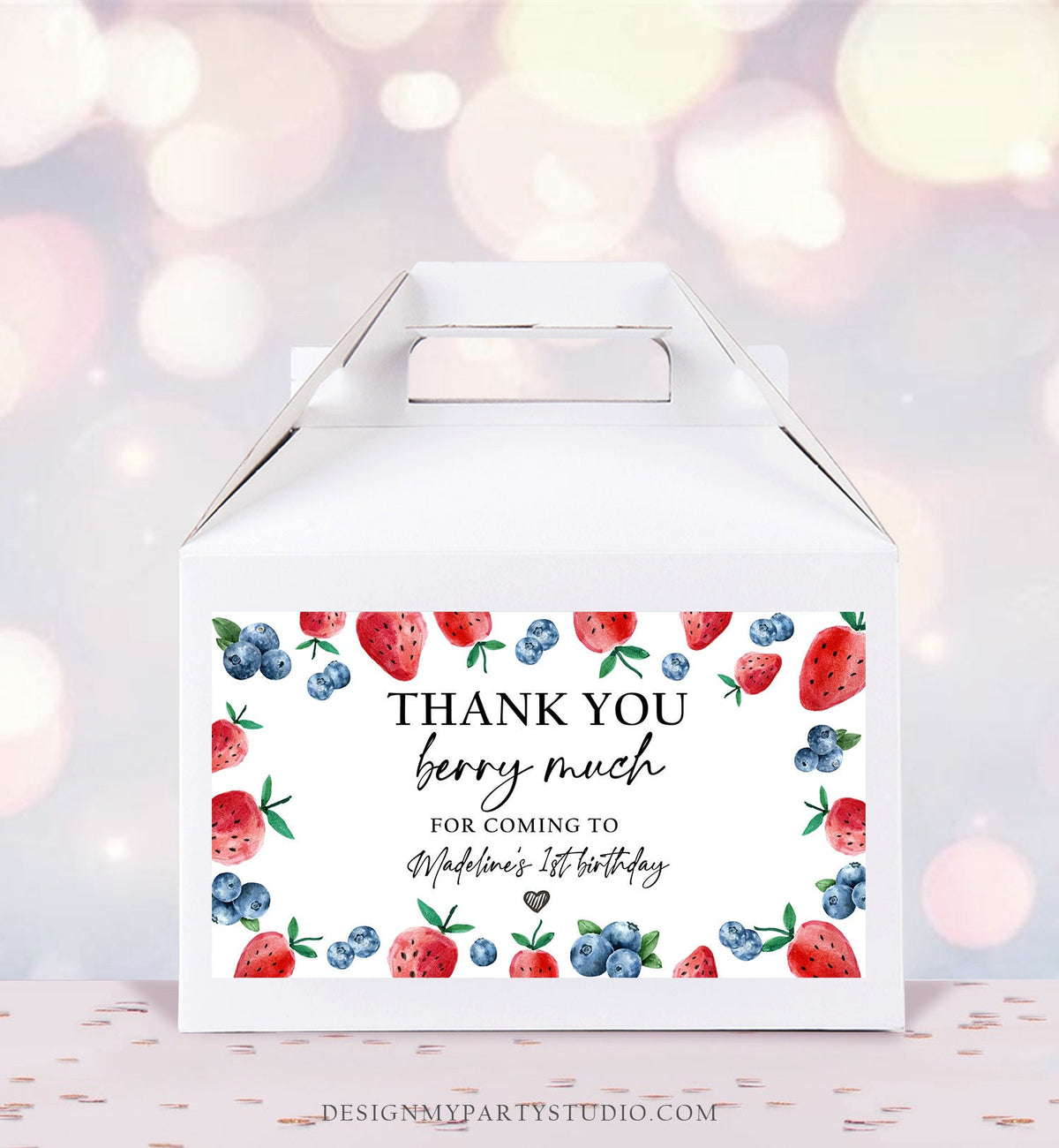 Editable Blueberry Strawberry Gable Gift Box Label 1st Birthday Berry First Favors Treat Box Berry Sweet Digital Download Printable 0399
