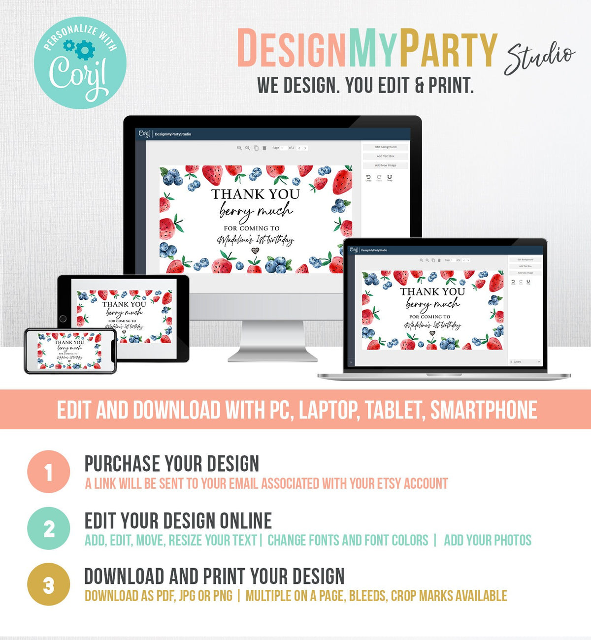 Editable Blueberry Strawberry Gable Gift Box Label 1st Birthday Berry First Favors Treat Box Berry Sweet Digital Download Printable 0399