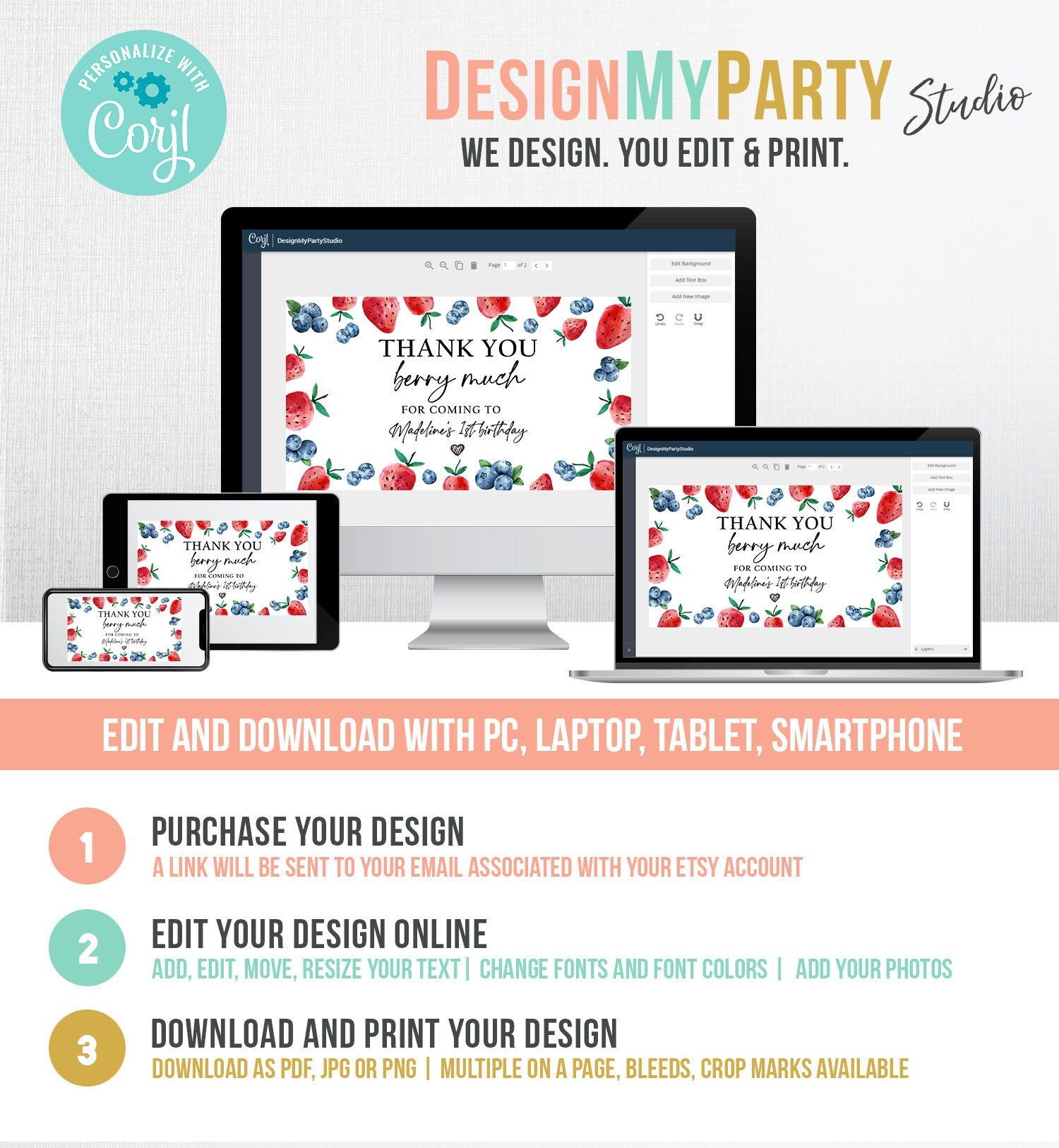 Editable Blueberry Strawberry Gable Gift Box Label 1st Birthday Berry First Favors Treat Box Berry Sweet Digital Download Printable 0399