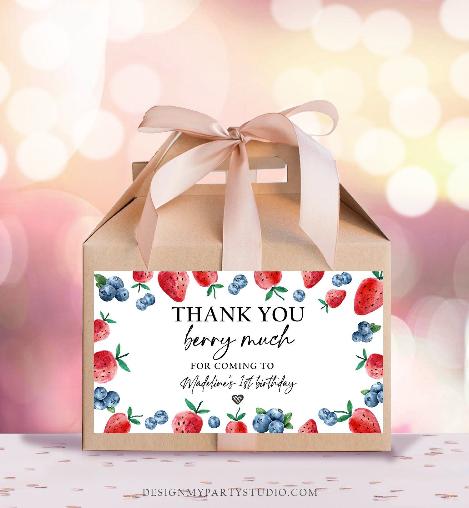 Editable Blueberry Strawberry Gable Gift Box Label 1st Birthday Berry First Favors Treat Box Berry Sweet Digital Download Printable 0399
