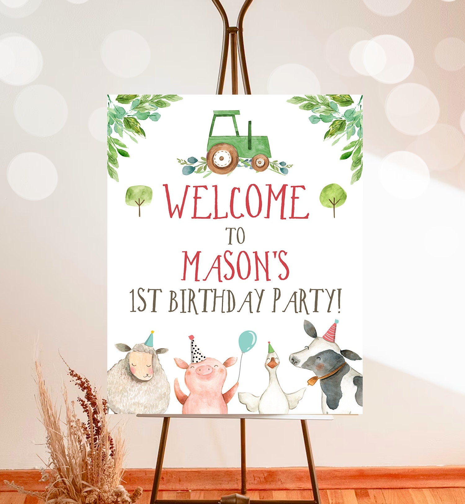 Editable Farm Birthday Welcome Sign Boy Barnyard Birthday Welcome Sign Farm Animals Green Tractor Barn Country Template Corjl PRINTABLE 0155