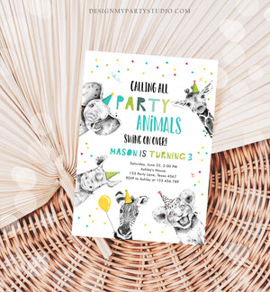 Editable Party Animals Birthday Invitation Calling All Animals Zoo Safari Animals Boy Green Neutral Download Template Corjl Printable 0390