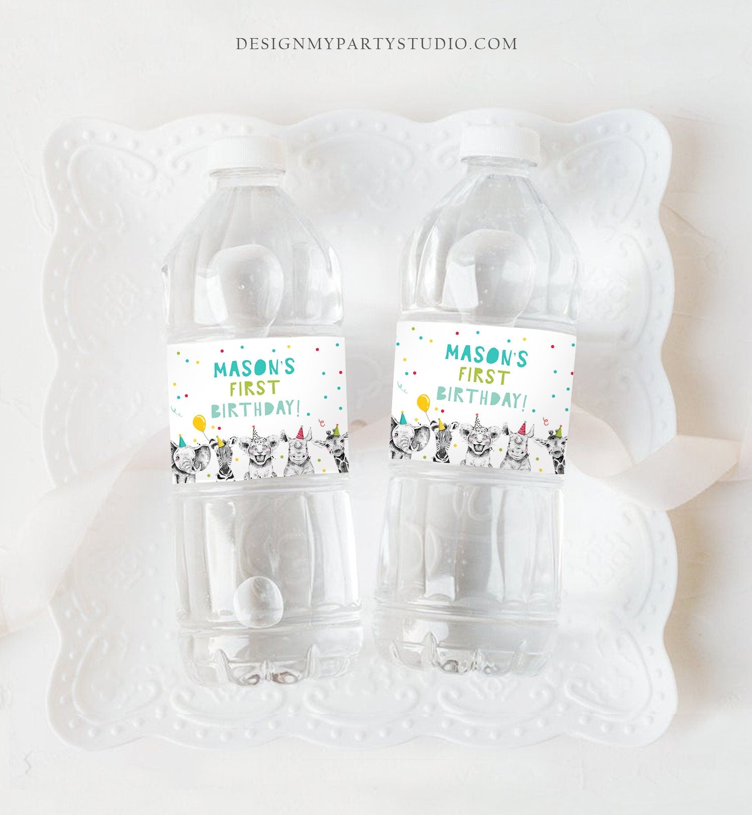 Editable Water Bottle Labels Party Animals Birthday Wild One Birthday Decor Safari Animals Zoo Printable Bottle Wrappers Template Corjl 0390