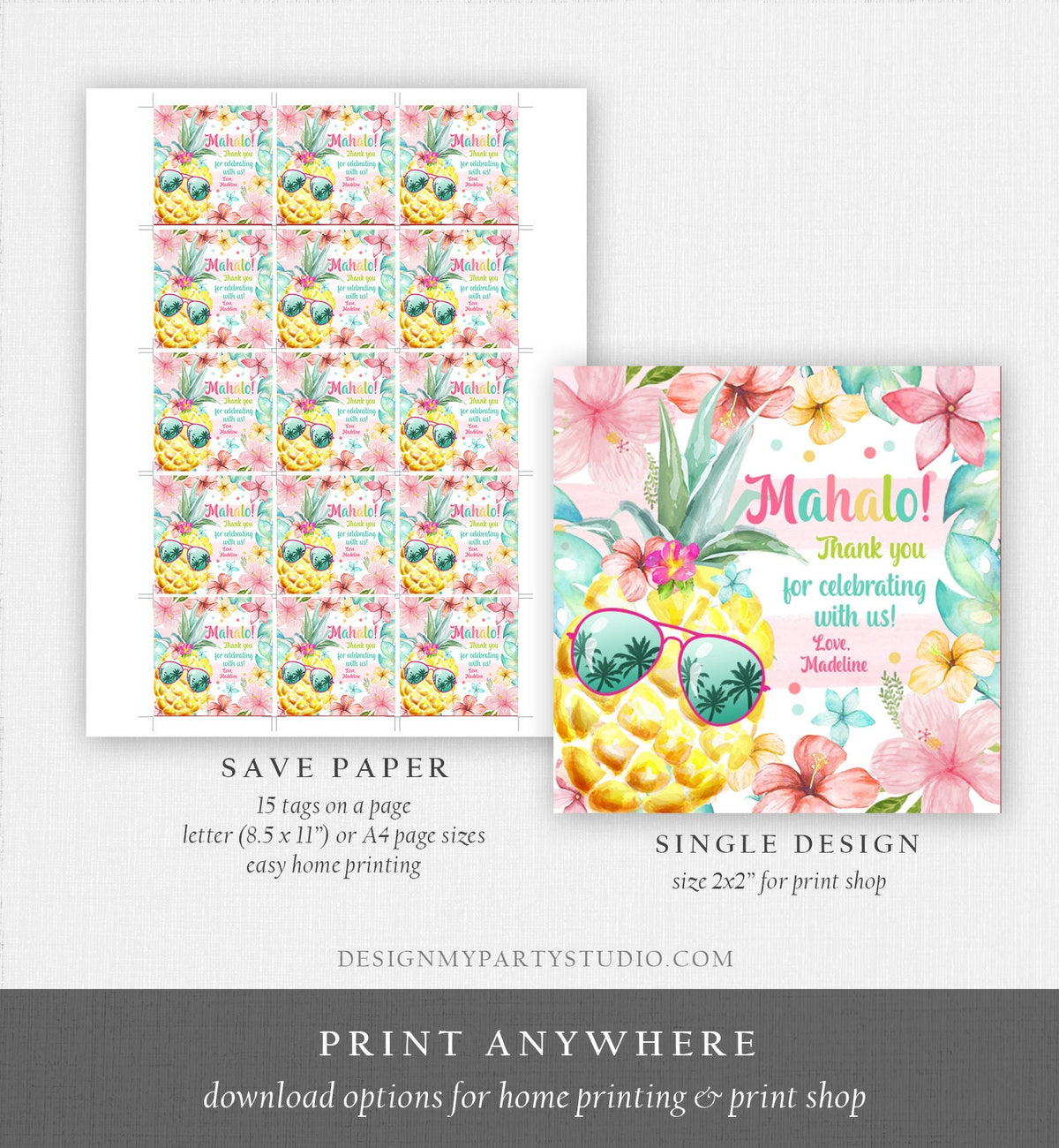 Editable Tropical Aloha Hawaiian Favor Tag Luau Birthday Party Pineapple Sticker Mahalo Pool Party Pink Girl Digital Template Printable 0391