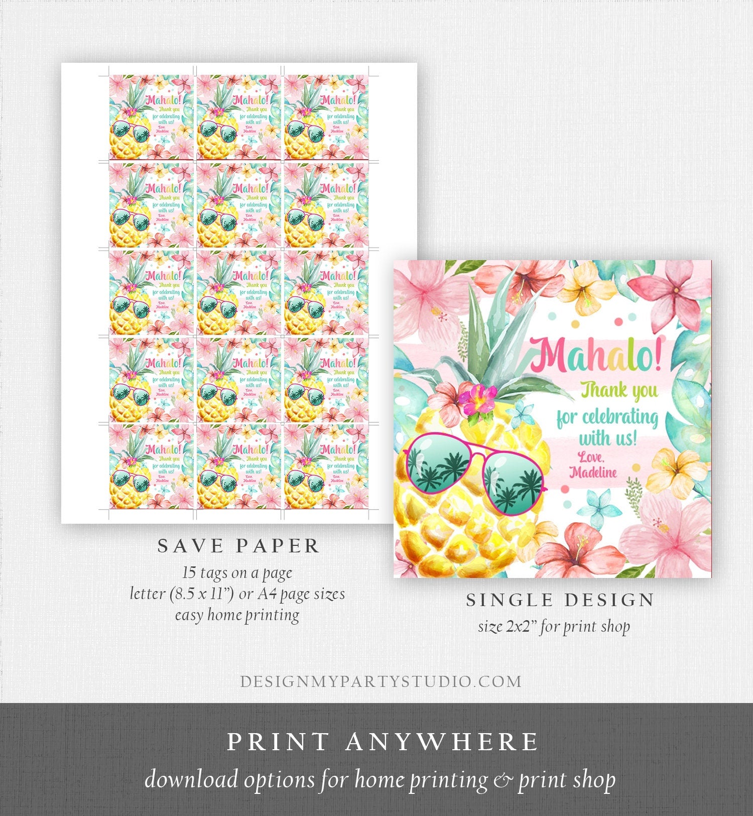 Editable Tropical Aloha Hawaiian Favor Tag Luau Birthday Party Pineapple Sticker Mahalo Pool Party Pink Girl Digital Template Printable 0391
