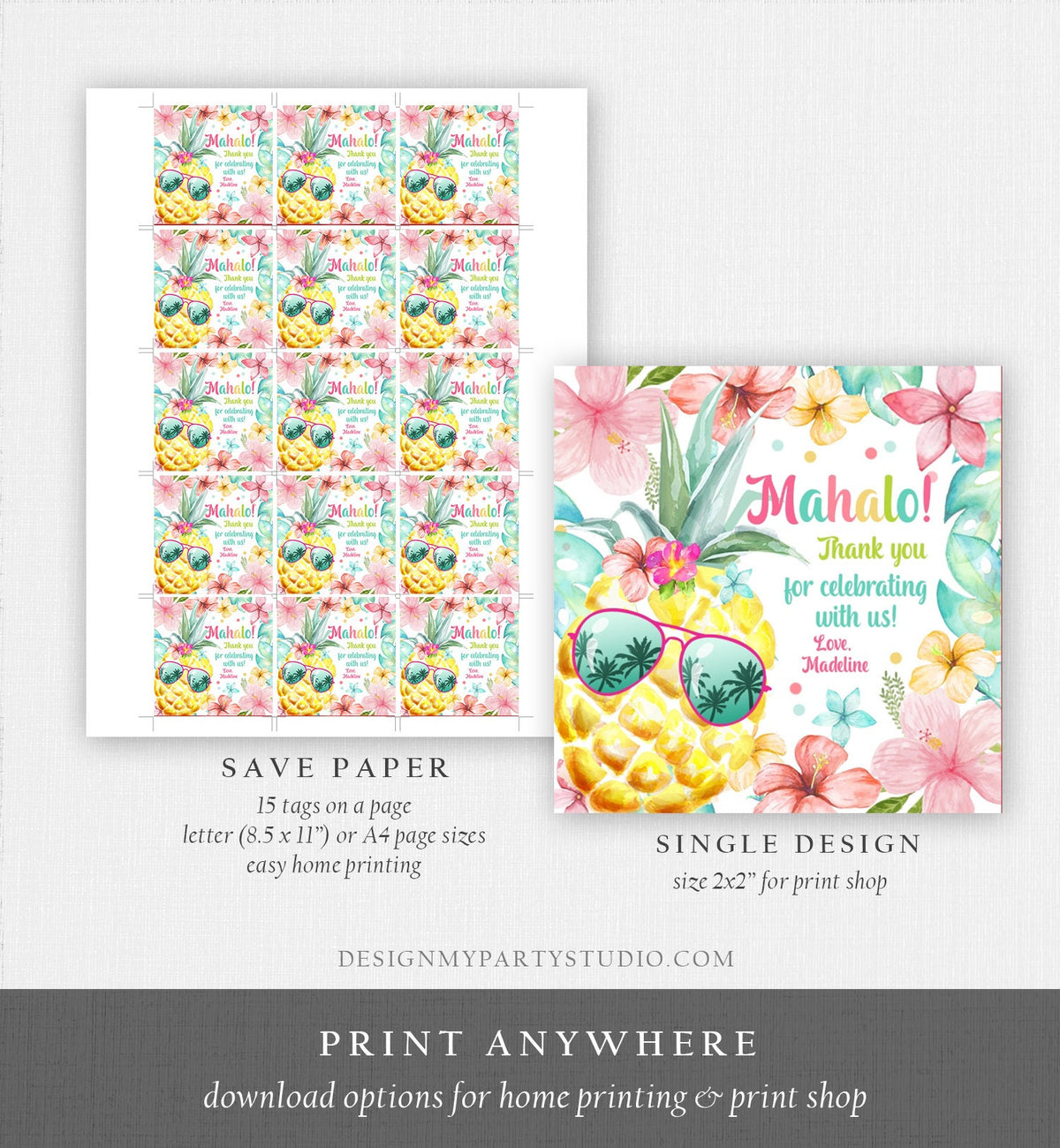 Editable Tropical Aloha Hawaiian Favor Tag Luau Birthday Party Pineapple Sticker Mahalo Pool Party Pink Girl Corjl Template Printable 0391
