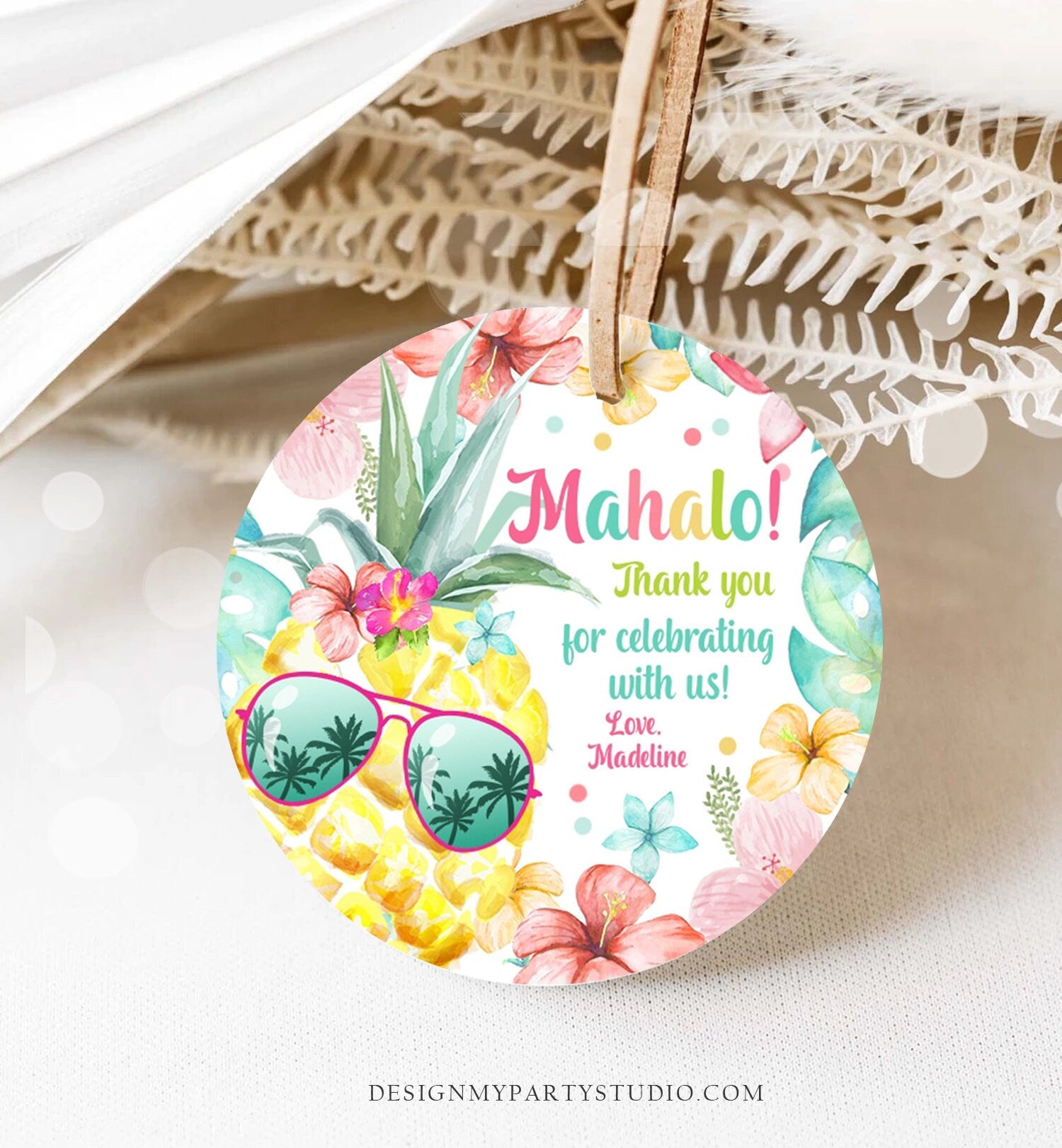 Editable Tropical Aloha Hawaiian Favor Tag Luau Birthday Party Pineapple Sticker Mahalo Pool Party Pink Girl Corjl Template Printable 0391