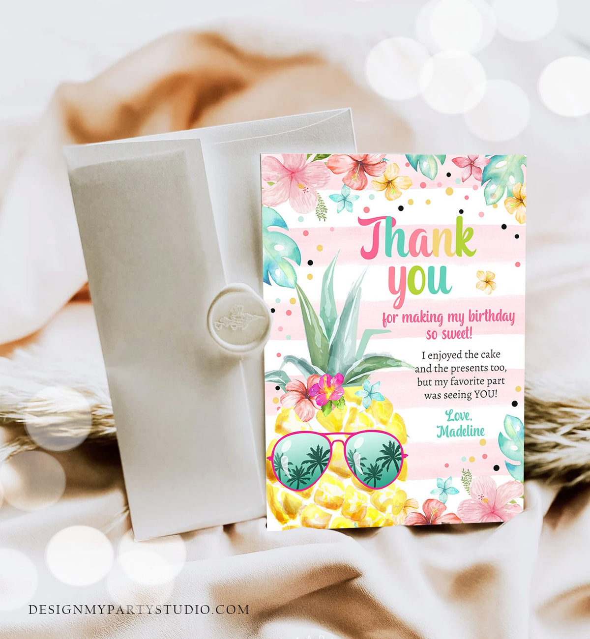 Editable Pineapple Birthday Thank You Card Girl Hawaiian Birthday Thank You Note Tropical Luau Party Download Template Digital Corjl 0391