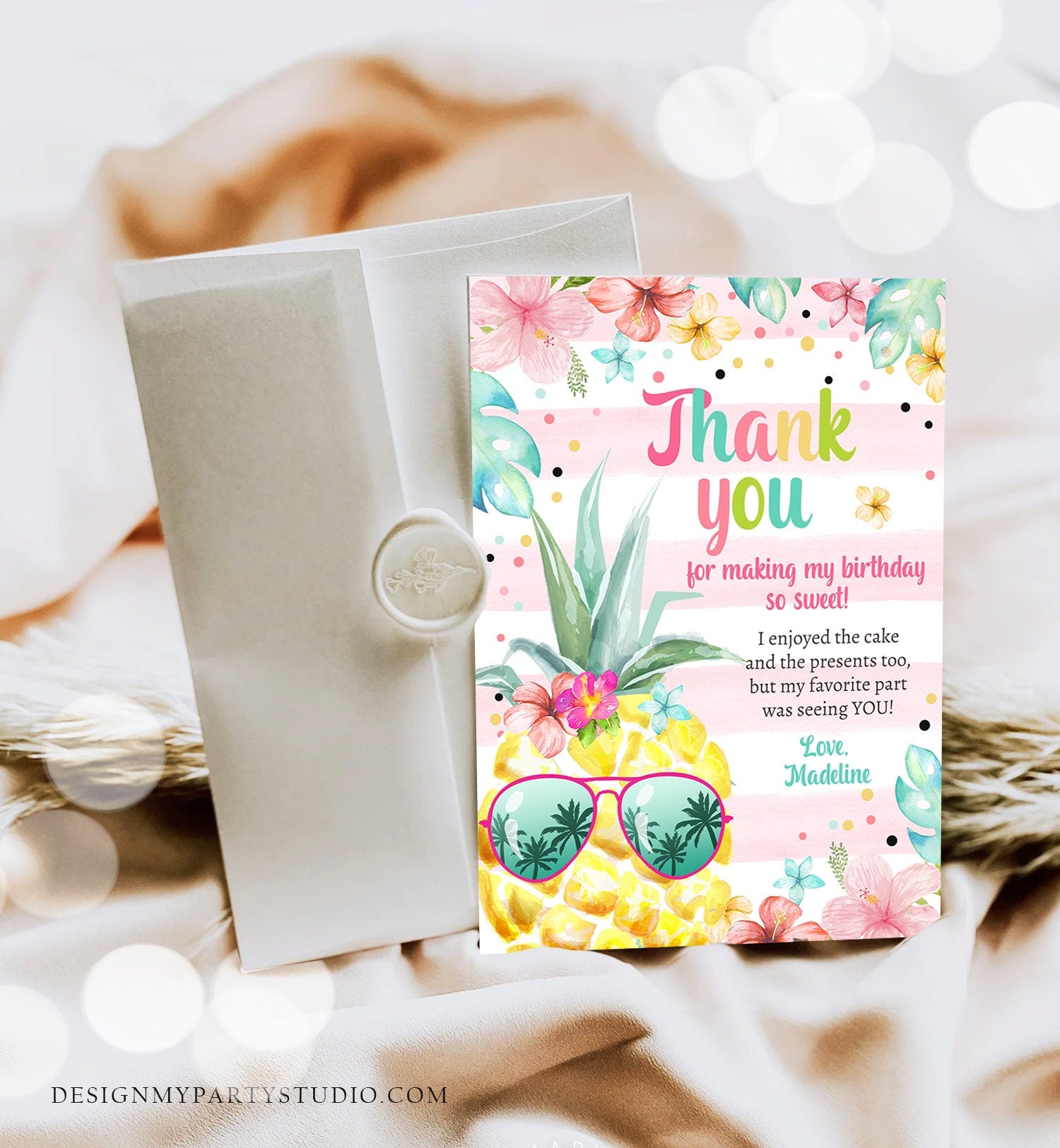 Editable Pineapple Birthday Thank You Card Girl Hawaiian Birthday Thank You Note Tropical Luau Party Download Template Digital Corjl 0391