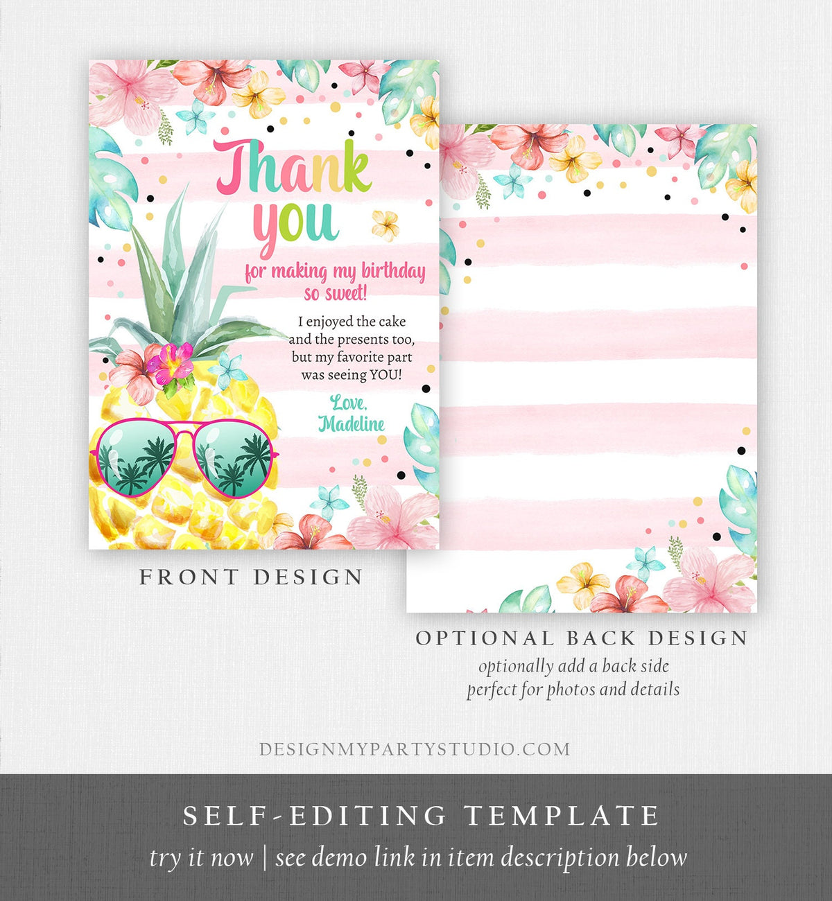 Editable Pineapple Birthday Thank You Card Girl Hawaiian Birthday Thank You Note Tropical Luau Party Download Template Digital Corjl 0391