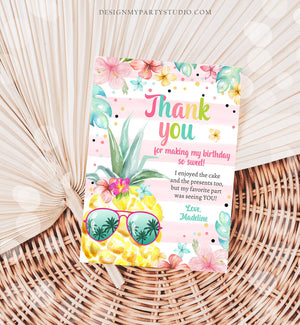 Editable Pineapple Birthday Thank You Card Girl Hawaiian Birthday Thank You Note Tropical Luau Party Download Template Digital Corjl 0391