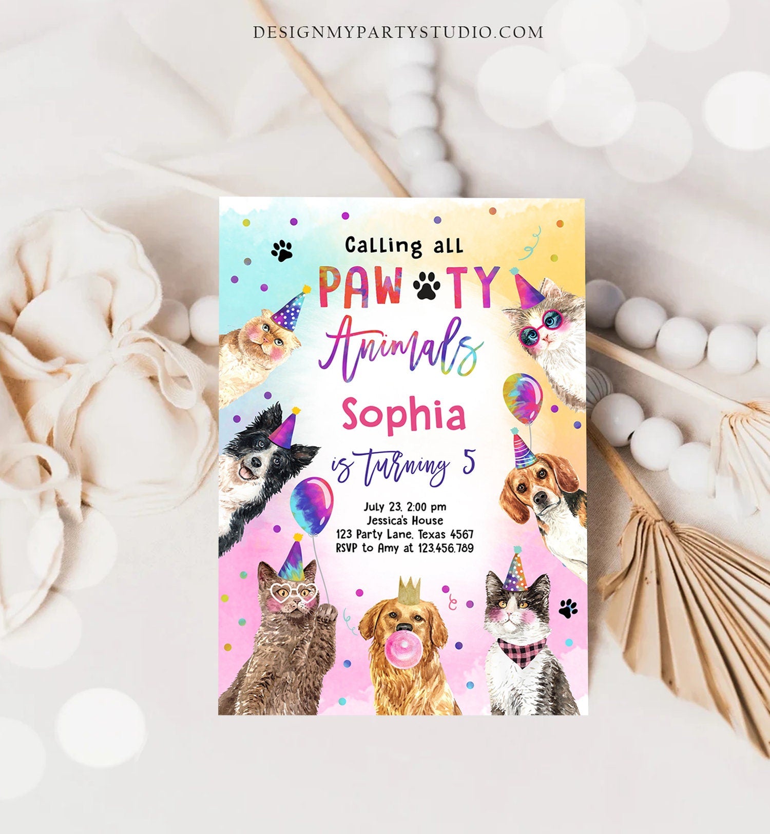 Editable Cats and Dogs Birthday Invitation Pawty Birthday Party Invite ...