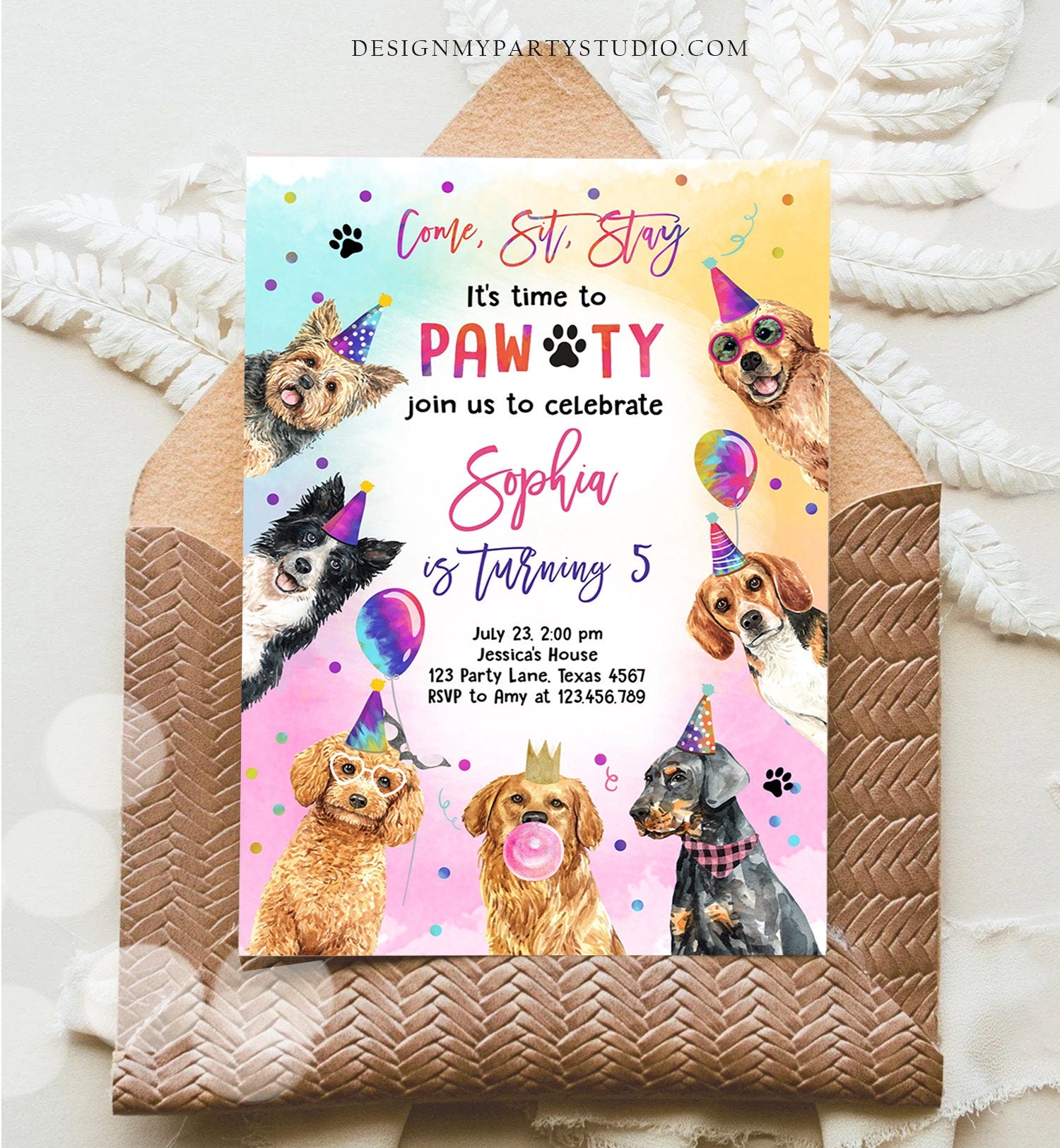 Editable Dog Birthday Party Invitation Puppy Birthday Invite Pink Girl Doggy Shelter Animal Pet Vet Download Printable Template Corjl 0460