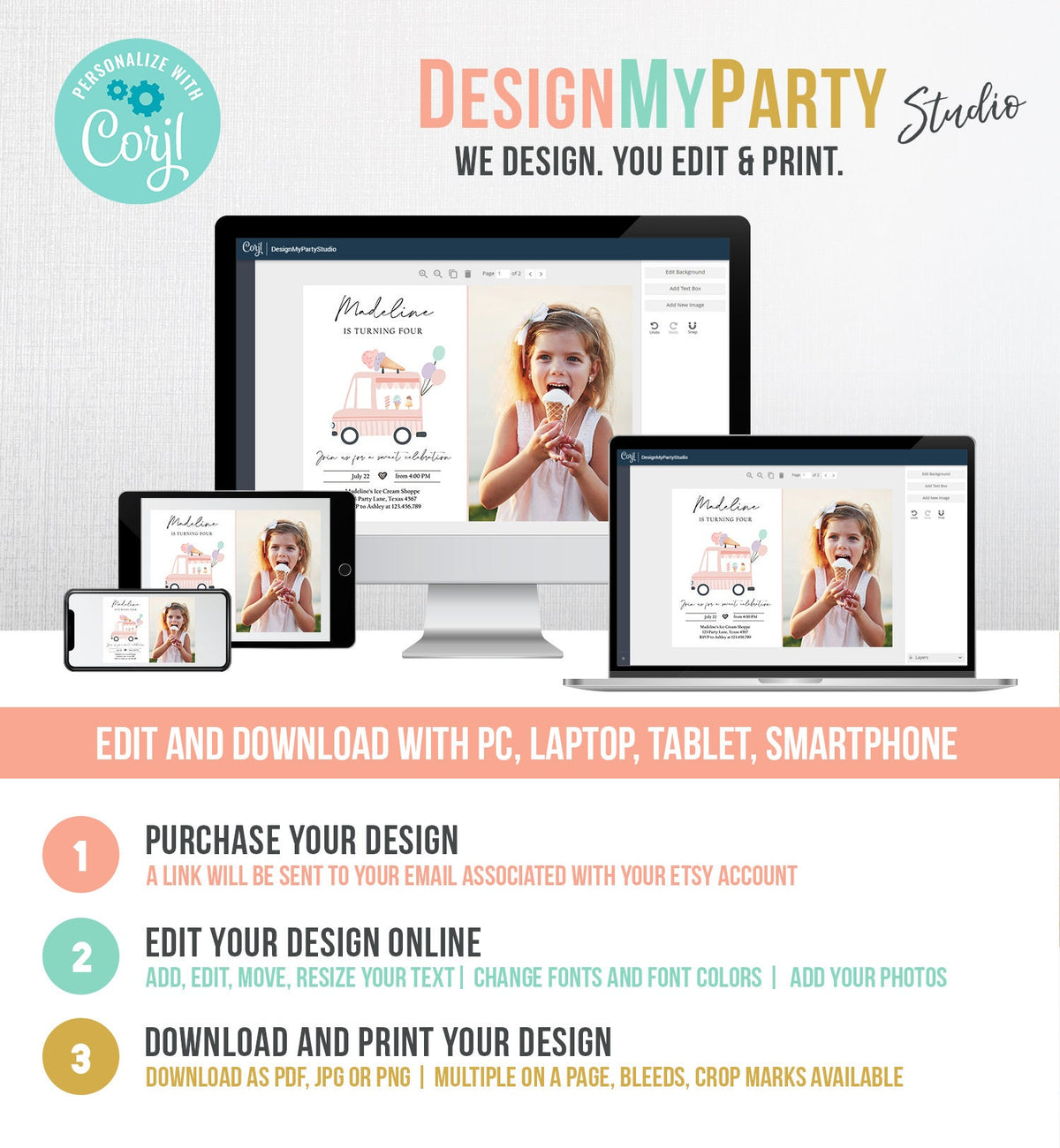 Editable Ice Cream Truck Birthday Invitation Ice Cream Truck Invite Modern Ice Cream Shoppe Van The Scoop Girl Photo Template Printable 0415