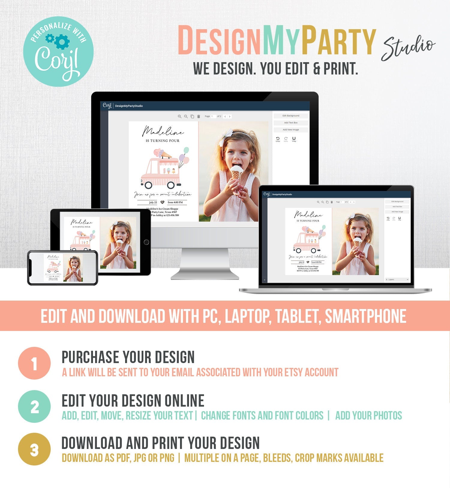 Editable Ice Cream Truck Birthday Invitation Ice Cream Truck Invite Modern Ice Cream Shoppe Van The Scoop Girl Photo Template Printable 0415