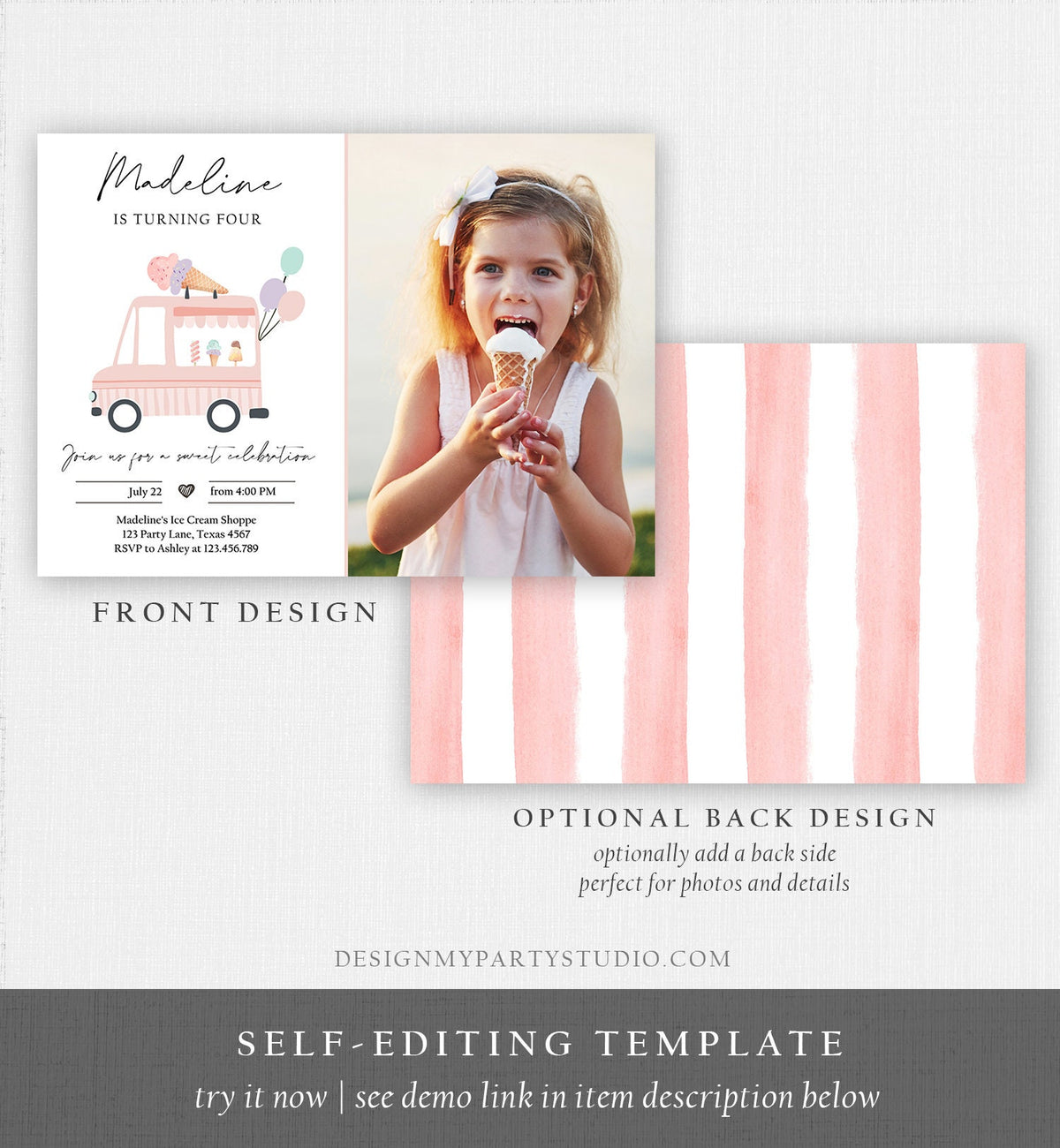 Editable Ice Cream Truck Birthday Invitation Ice Cream Truck Invite Modern Ice Cream Shoppe Van The Scoop Girl Photo Template Printable 0415