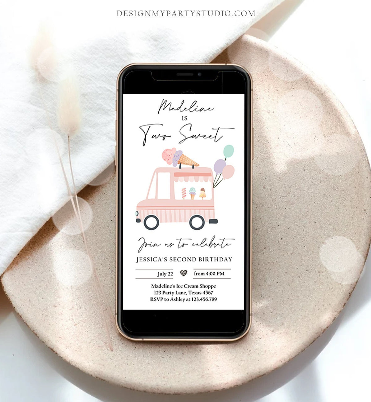 Editable Ice Cream Truck Birthday Evite Two Sweet 2nd Birthday Invite Modern Second Here&#39;s The Scoop Girl Phone Digital Template Corjl 0415